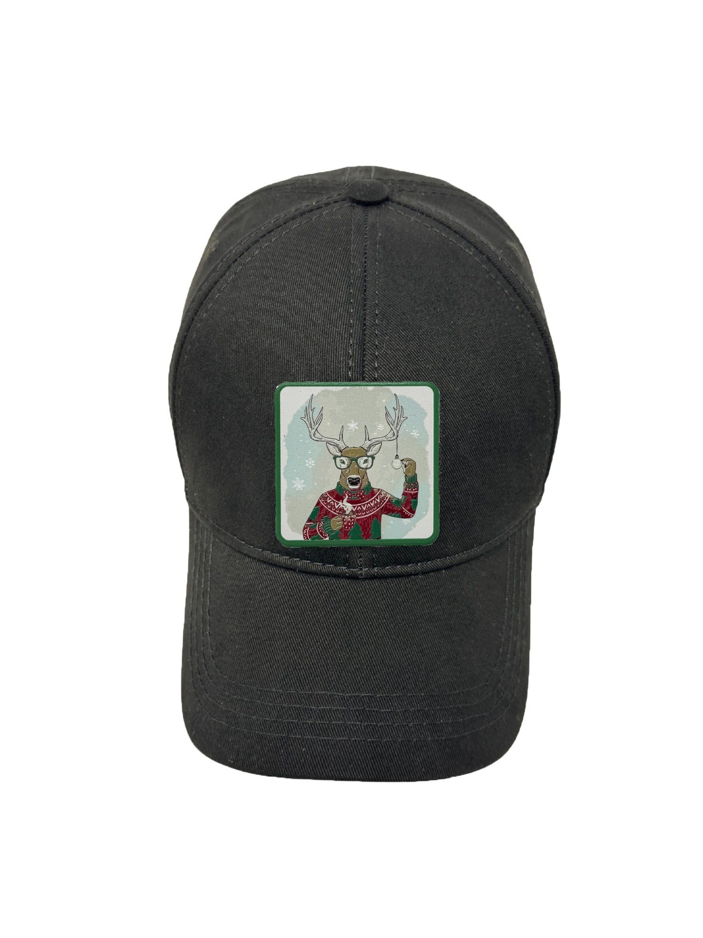Christmas Reindeer | Embossed Removable Christmas Patch 6 Panel Baseball Hat – %100 Cotton, Adjustable Strapback, Curved Bill , One Size Fits Most