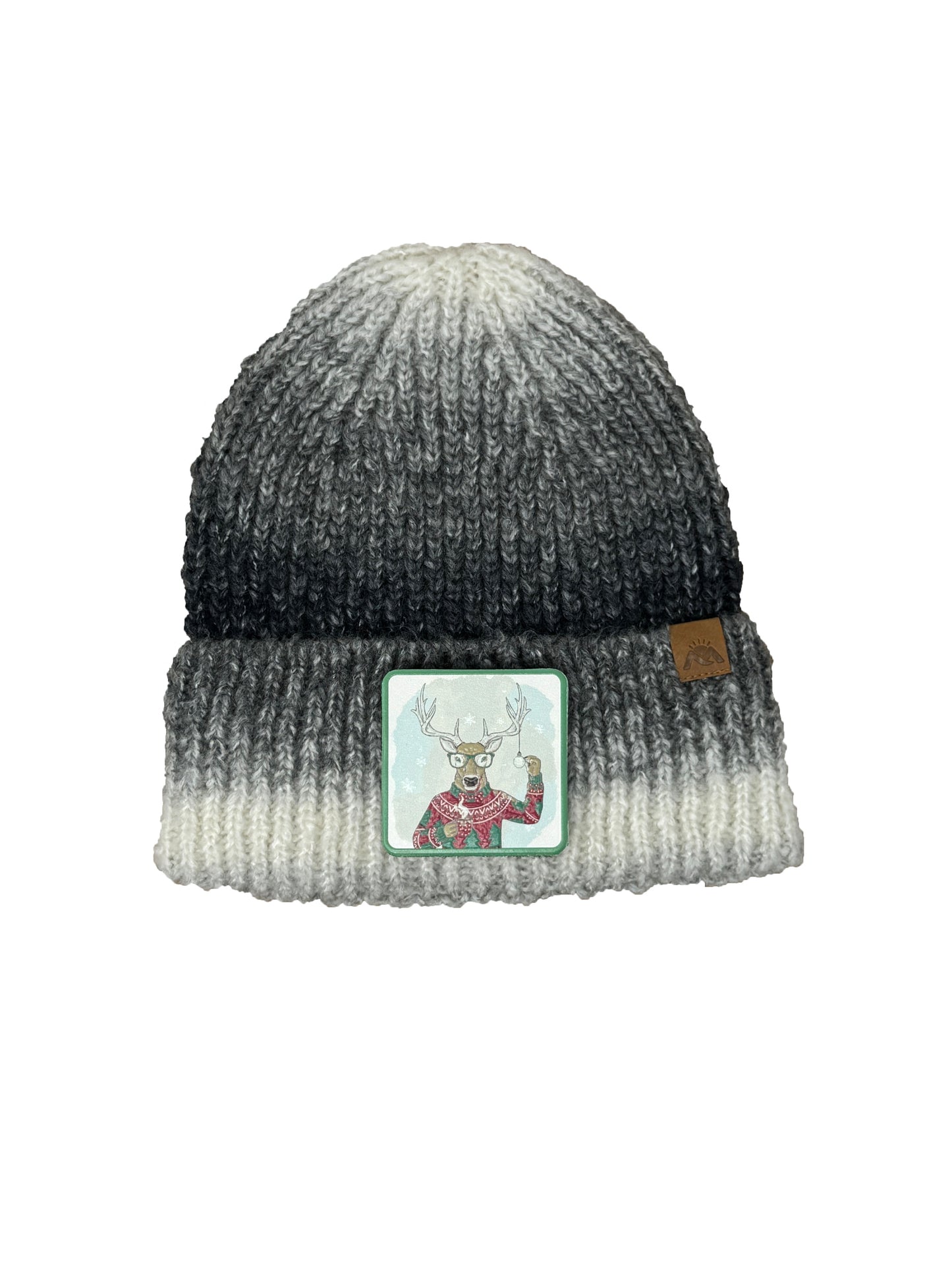 Christmas Reindeer | Embossed Removable Christmas Patch Beanie - Wool Blend, Soft, Warm, One Size Fits All