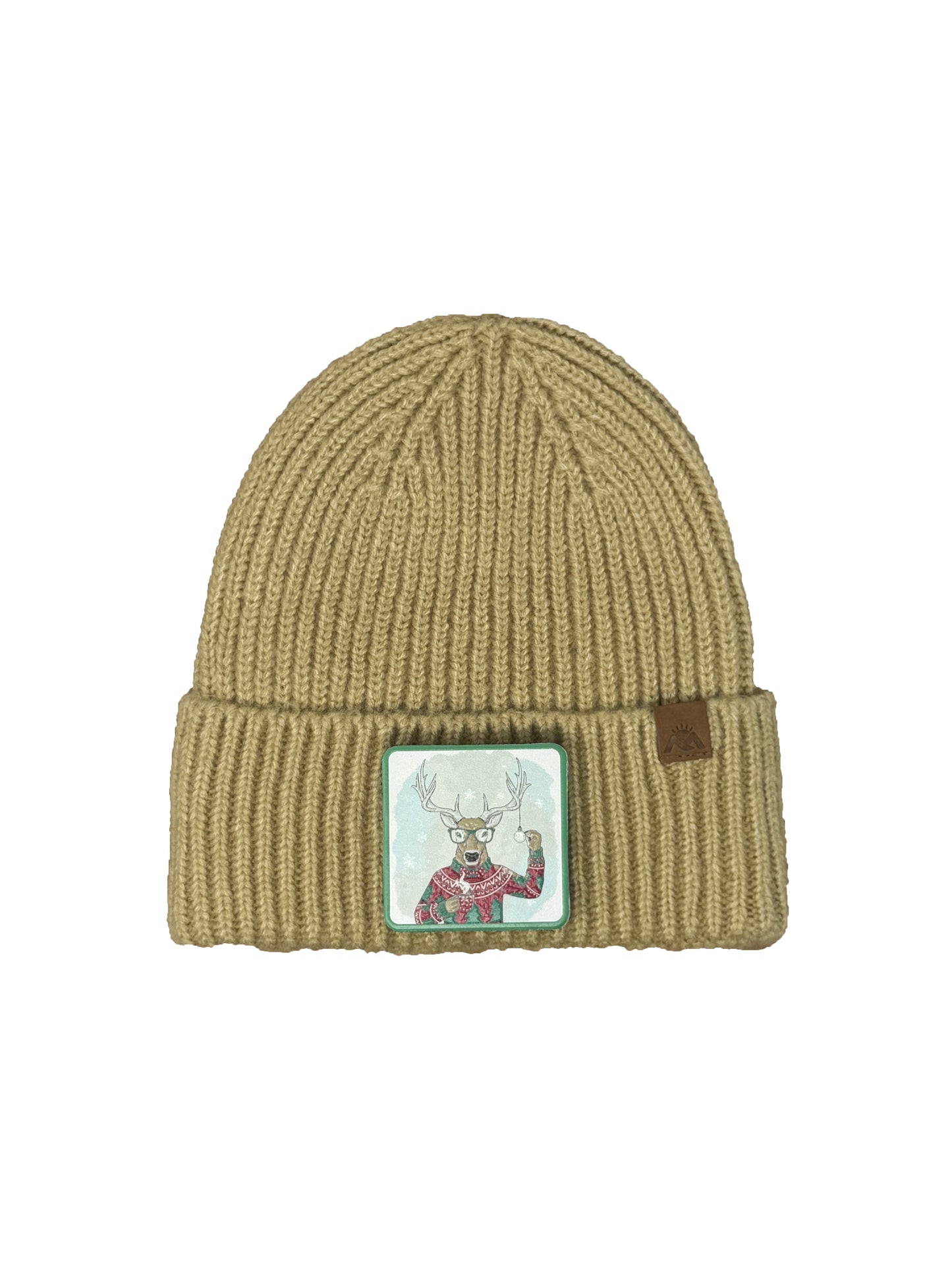 Christmas Reindeer | Embossed Removable Christmas Patch Beanie - Wool Blend, Soft, Warm, One Size Fits All