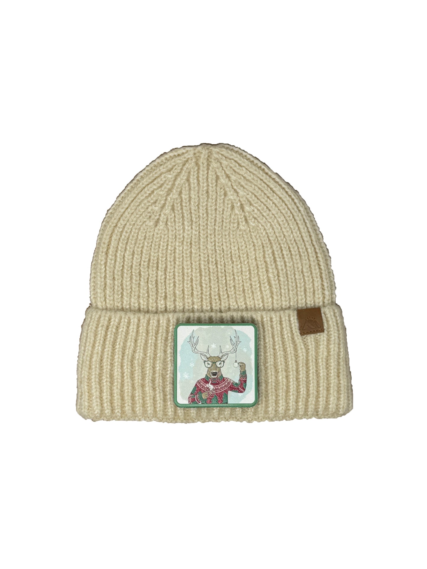 Christmas Reindeer | Embossed Removable Christmas Patch Beanie - Wool Blend, Soft, Warm, One Size Fits All