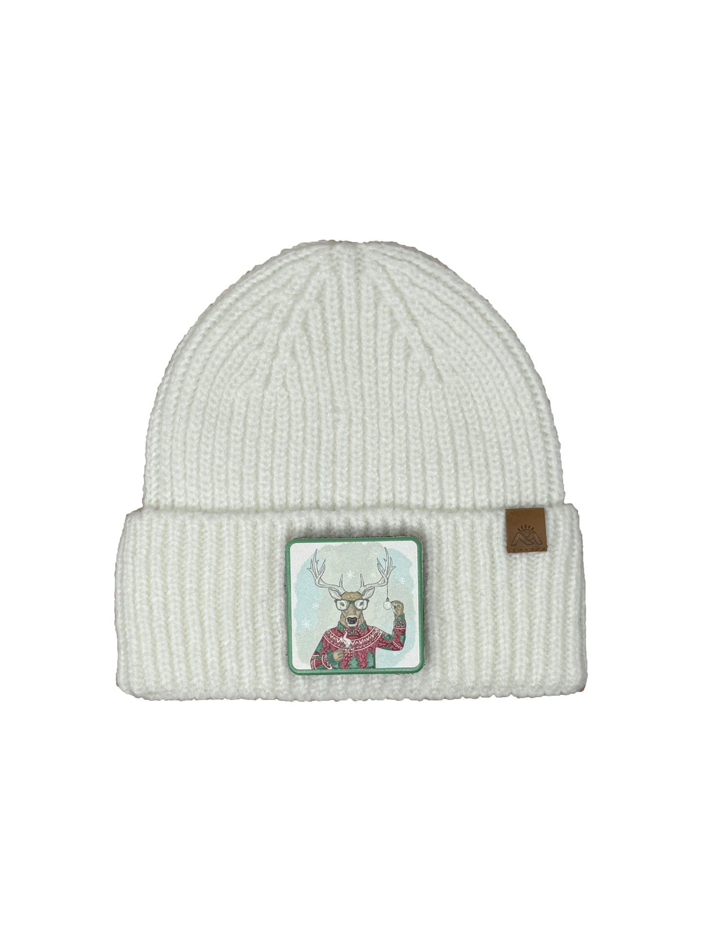 Christmas Reindeer | Embossed Removable Christmas Patch Beanie - Wool Blend, Soft, Warm, One Size Fits All