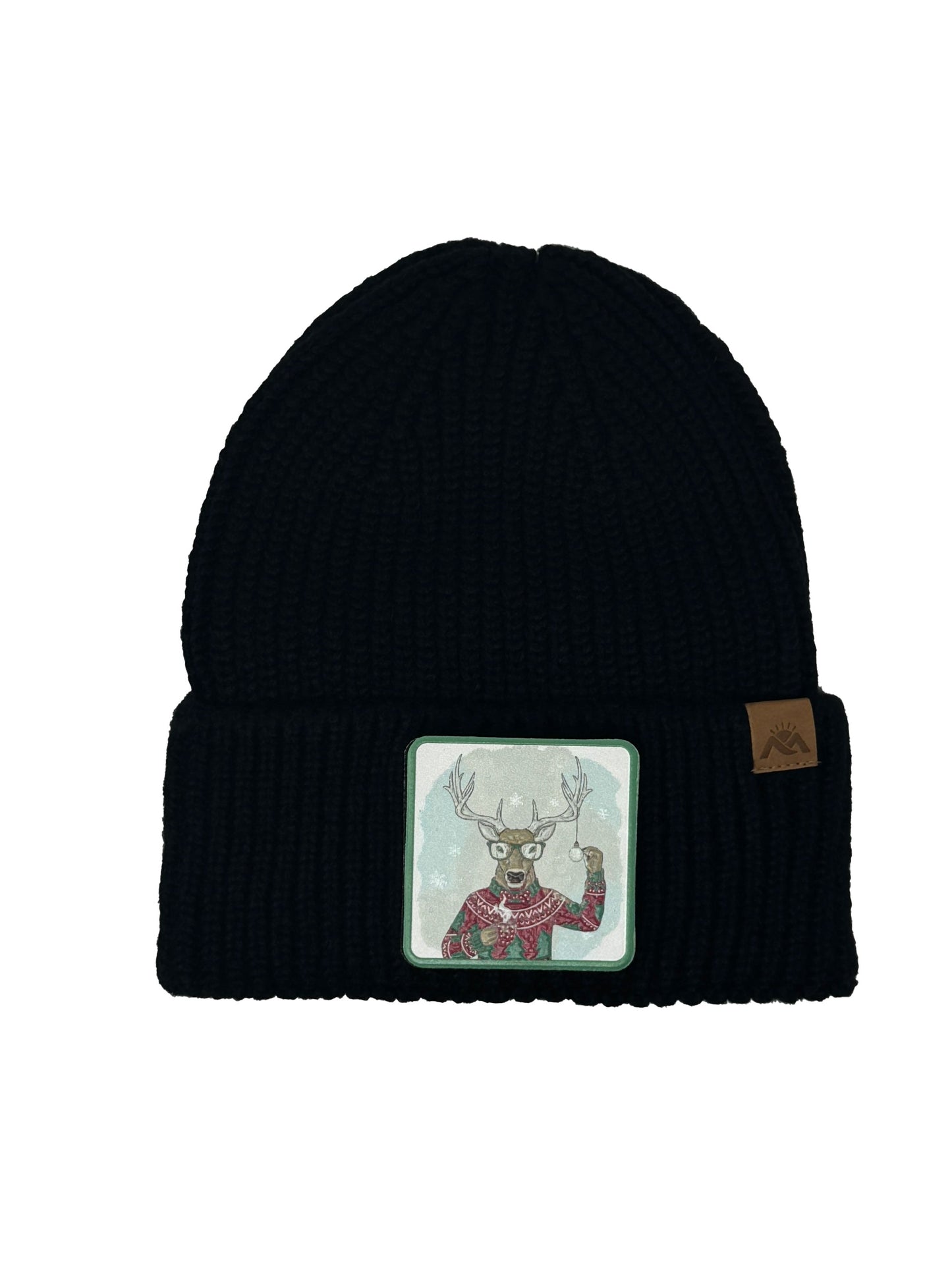 Christmas Reindeer | Embossed Removable Christmas Patch Beanie - Wool Blend, Soft, Warm, One Size Fits Most