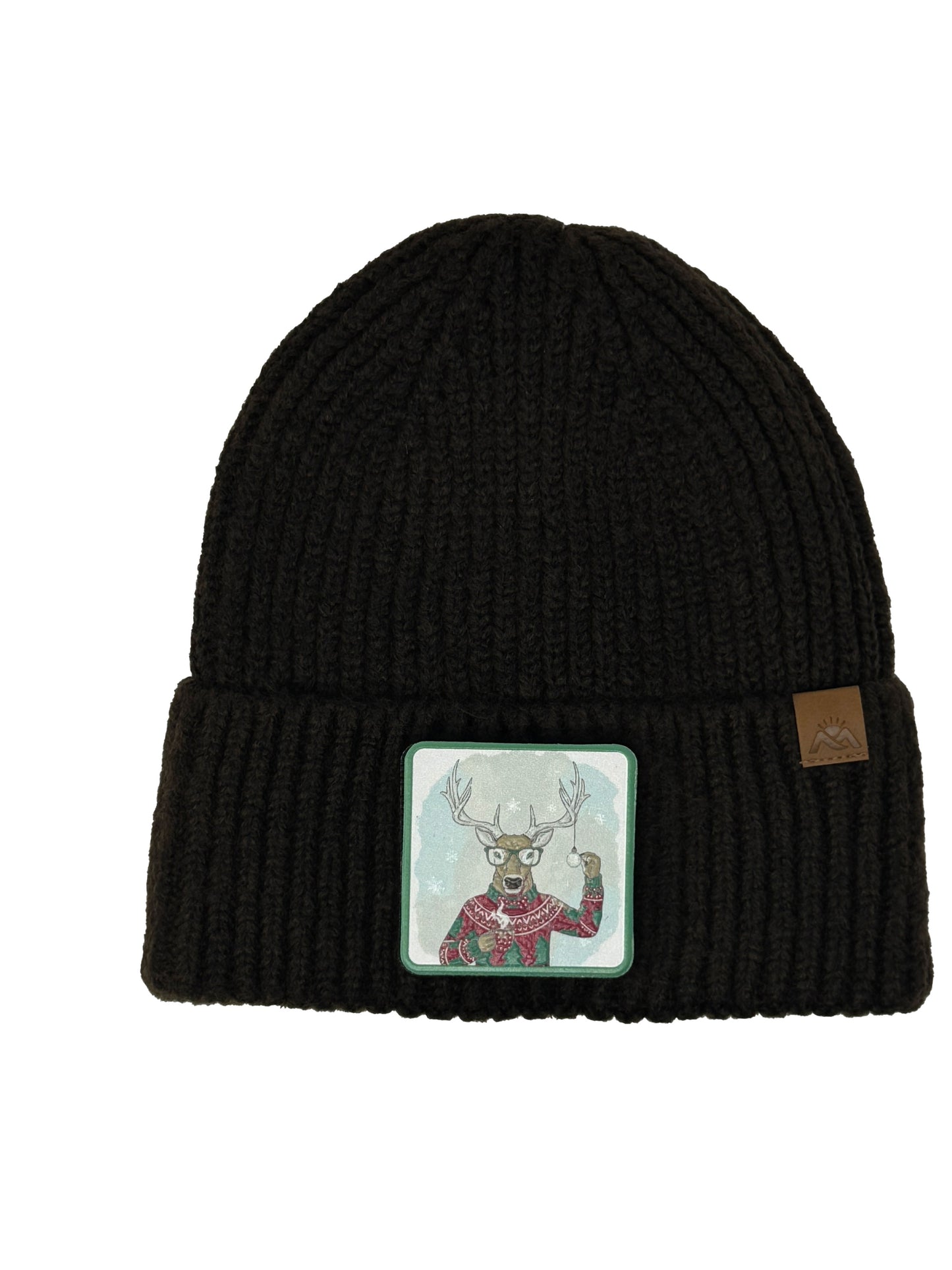 Christmas Reindeer | Embossed Removable Christmas Patch Beanie - Wool Blend, Soft, Warm, One Size Fits All