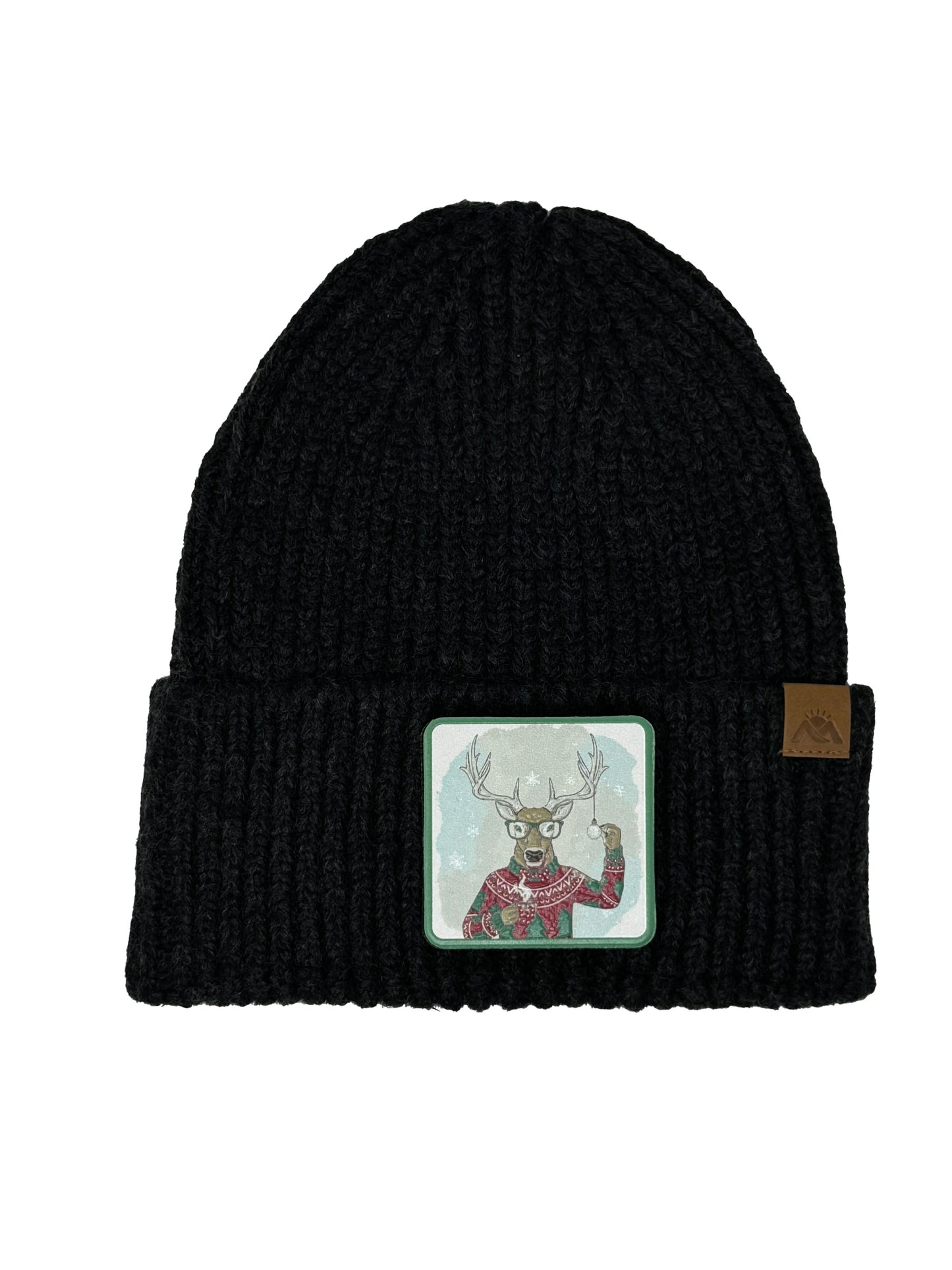 Christmas Reindeer | Embossed Removable Christmas Patch Beanie - Wool Blend, Soft, Warm, One Size Fits All