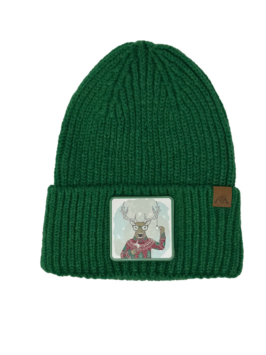 Christmas Reindeer | Embossed Removable Christmas Patch Beanie - Wool Blend, Soft, Warm, One Size Fits All