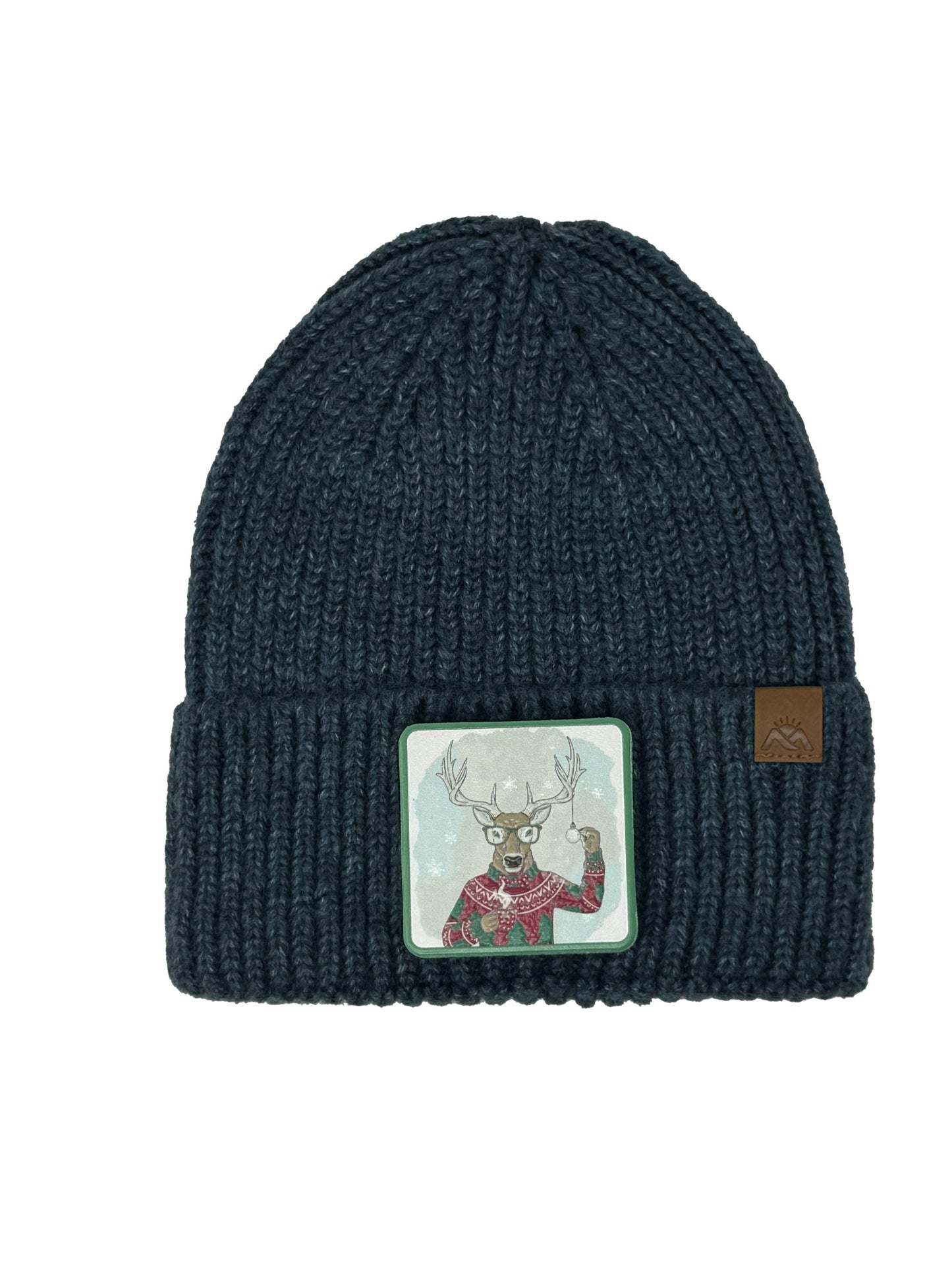 Christmas Reindeer | Embossed Removable Christmas Patch Beanie - Wool Blend, Soft, Warm, One Size Fits Most