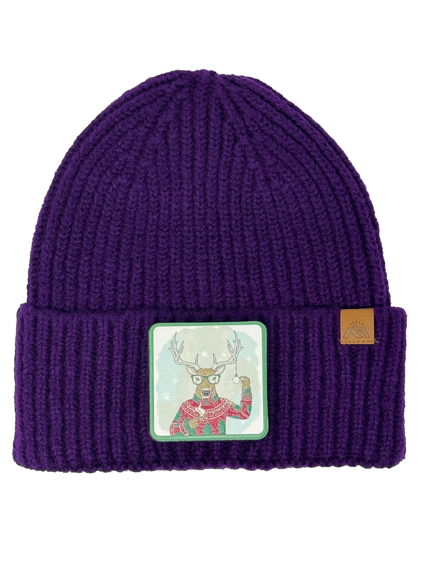 Christmas Reindeer | Embossed Removable Christmas Patch Beanie - Wool Blend, Soft, Warm, One Size Fits All
