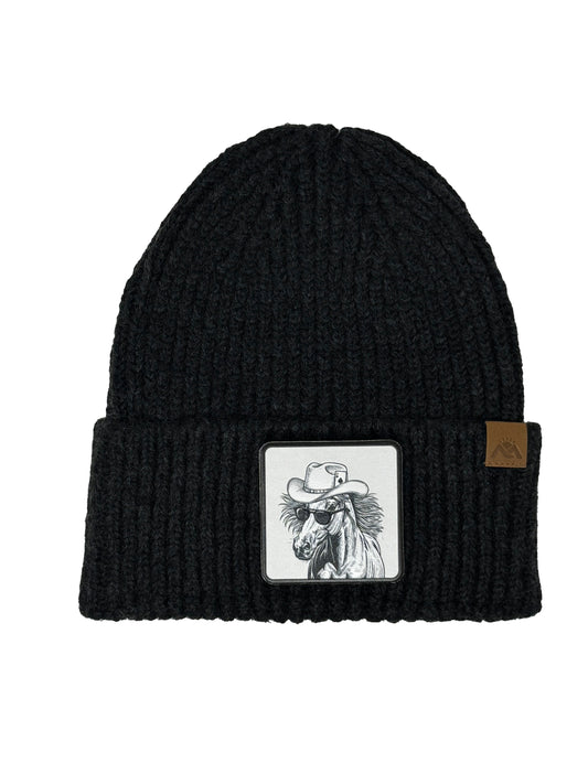 Cowboy Colt | Embossed Removable Western Patch Beanie - Wool Blend, Soft, Warm, One Size Fits All