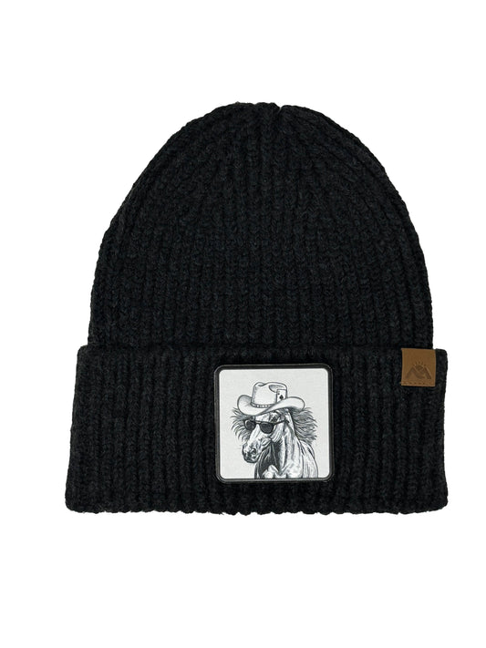 Cowboy Colt | Embossed Removable Western Patch Beanie - Wool Blend, Soft, Warm, One Size Fits Most