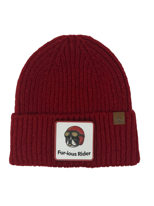 Fur-ious Rider | Embossed Removable Patch Beanie - Wool Blend, Soft, Warm, One Size Fits All