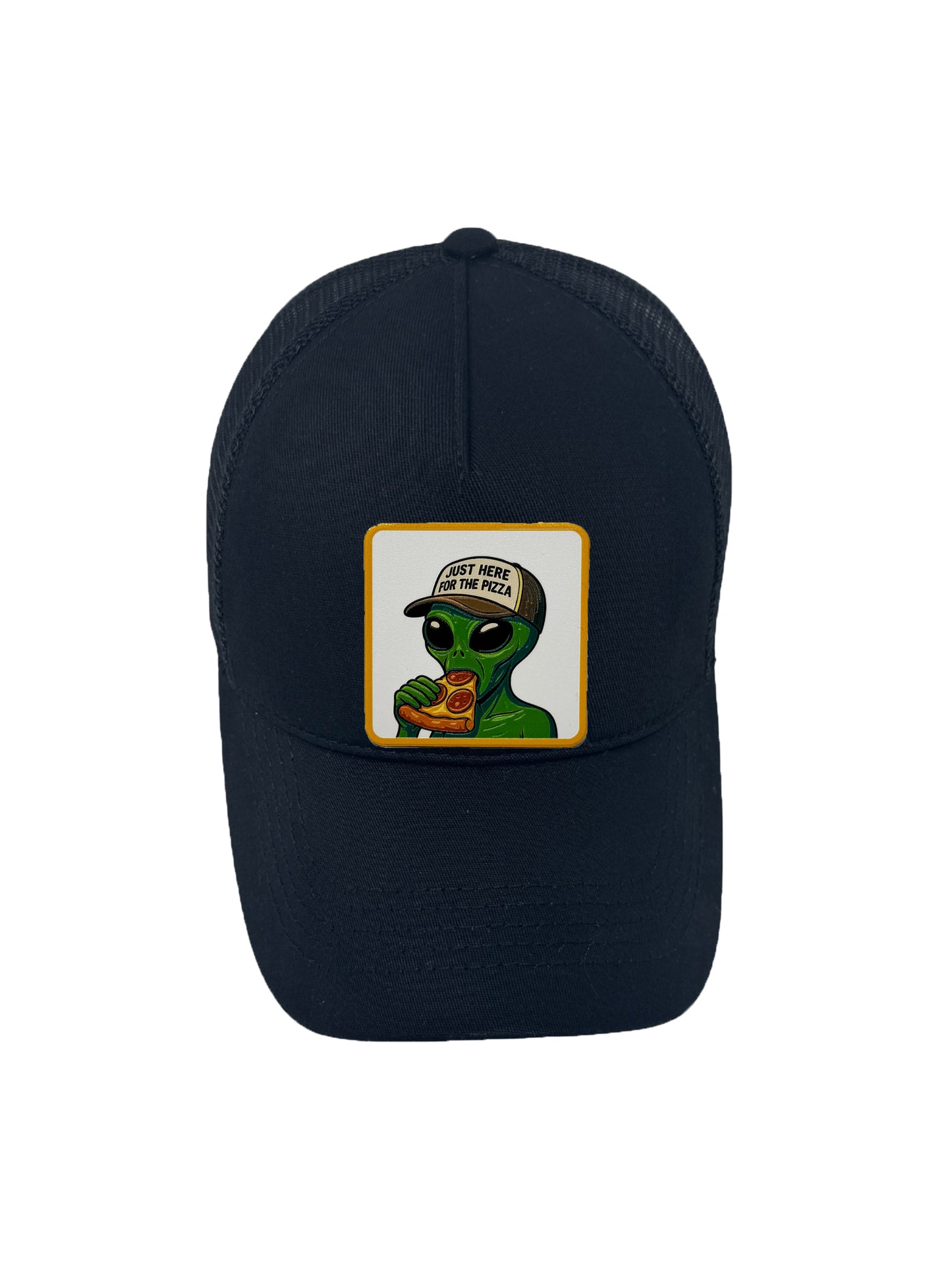 Here for the Pizza | Embossed Removable Patch Trucker Hat – Adjustable Snapback, Breathable Mesh, One Size Fits Most