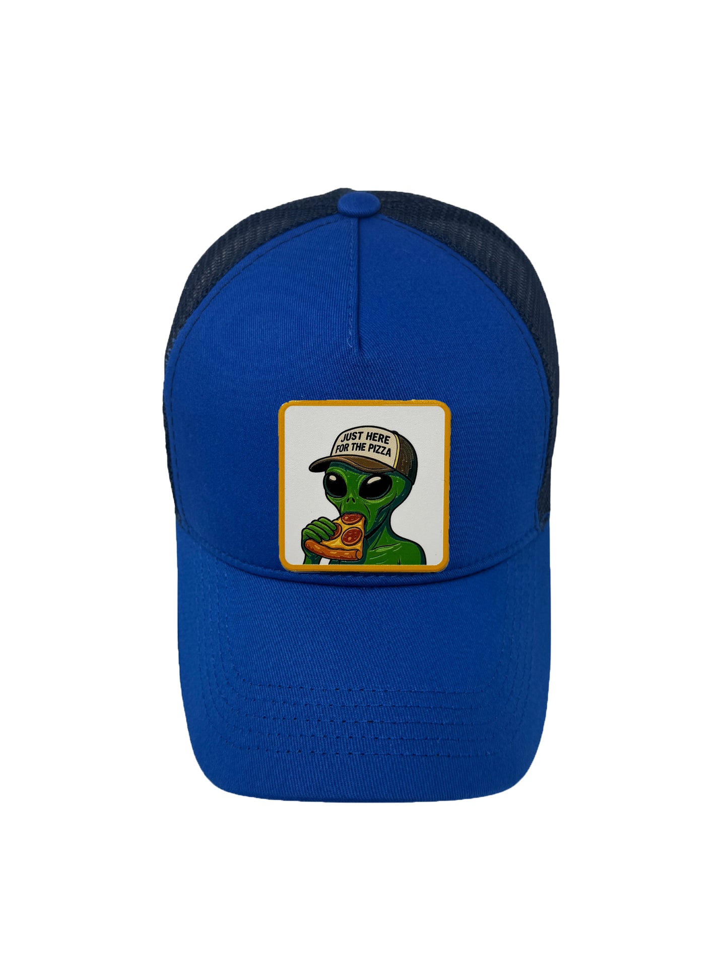 Here for the Pizza | Embossed Removable Patch Trucker Hat – Adjustable Snapback, Breathable Mesh, One Size Fits Most