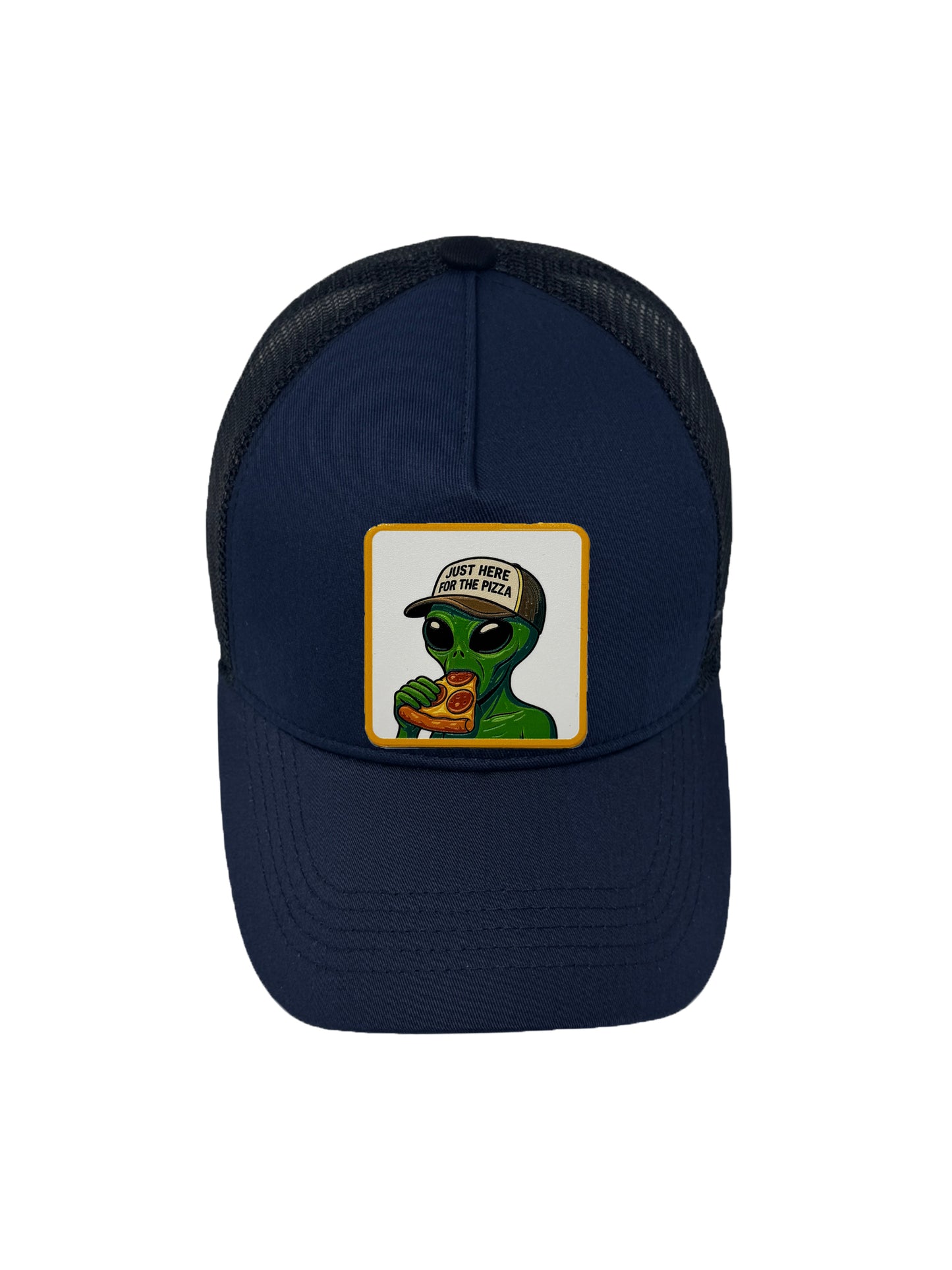 Here for the Pizza | Embossed Removable Patch Trucker Hat – Adjustable Snapback, Breathable Mesh, One Size Fits Most