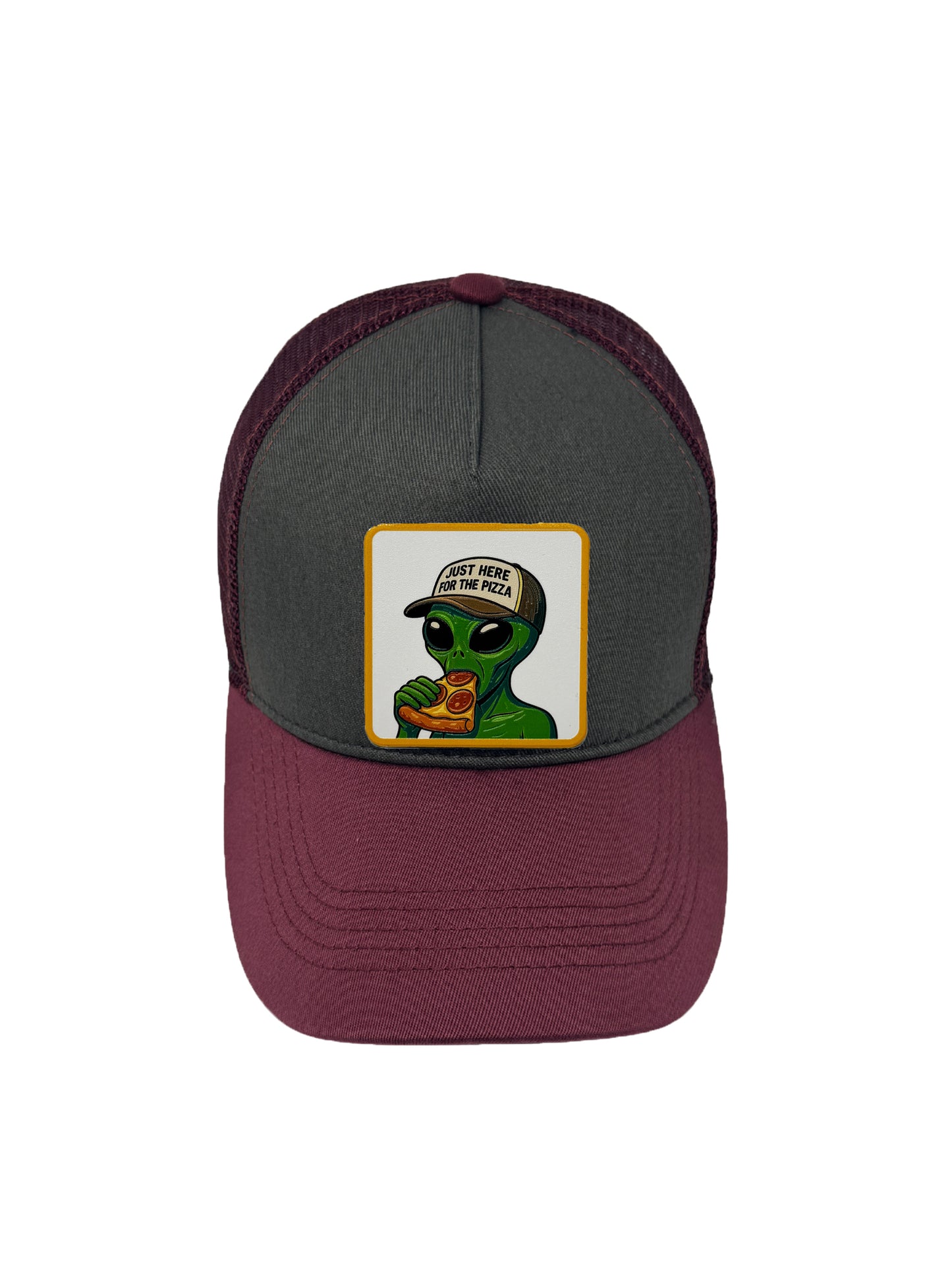 Here for the Pizza | Embossed Removable Patch Trucker Hat – Adjustable Snapback, Breathable Mesh, One Size Fits Most