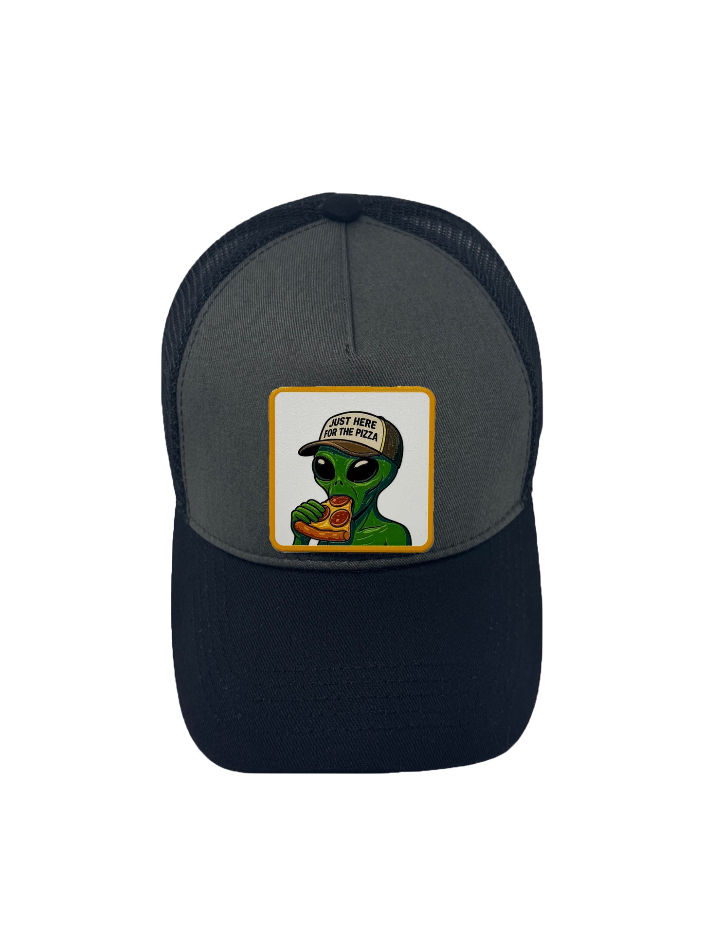Here for the Pizza | Embossed Removable Patch Trucker Hat – Adjustable Snapback, Breathable Mesh, One Size Fits Most
