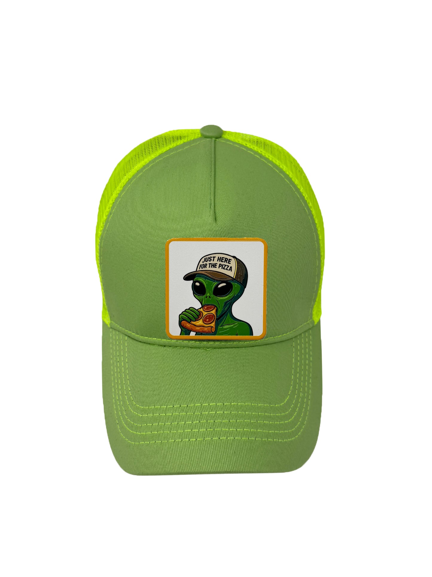 Here for the Pizza | Embossed Removable Patch Trucker Hat – Adjustable Snapback, Breathable Mesh, One Size Fits Most