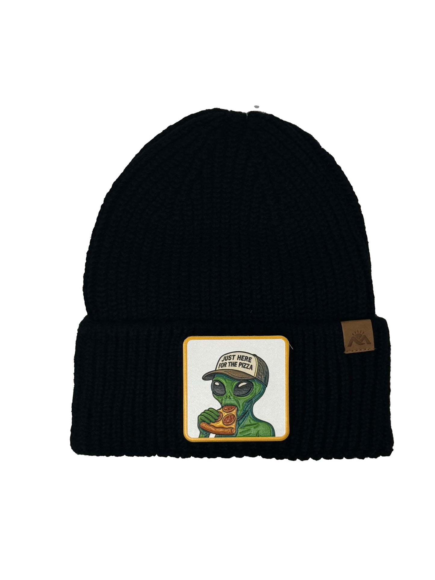 Here for the Pizza | Embossed Removable Patch Beanie - Wool Blend, Soft, Warm, One Size Fits Most