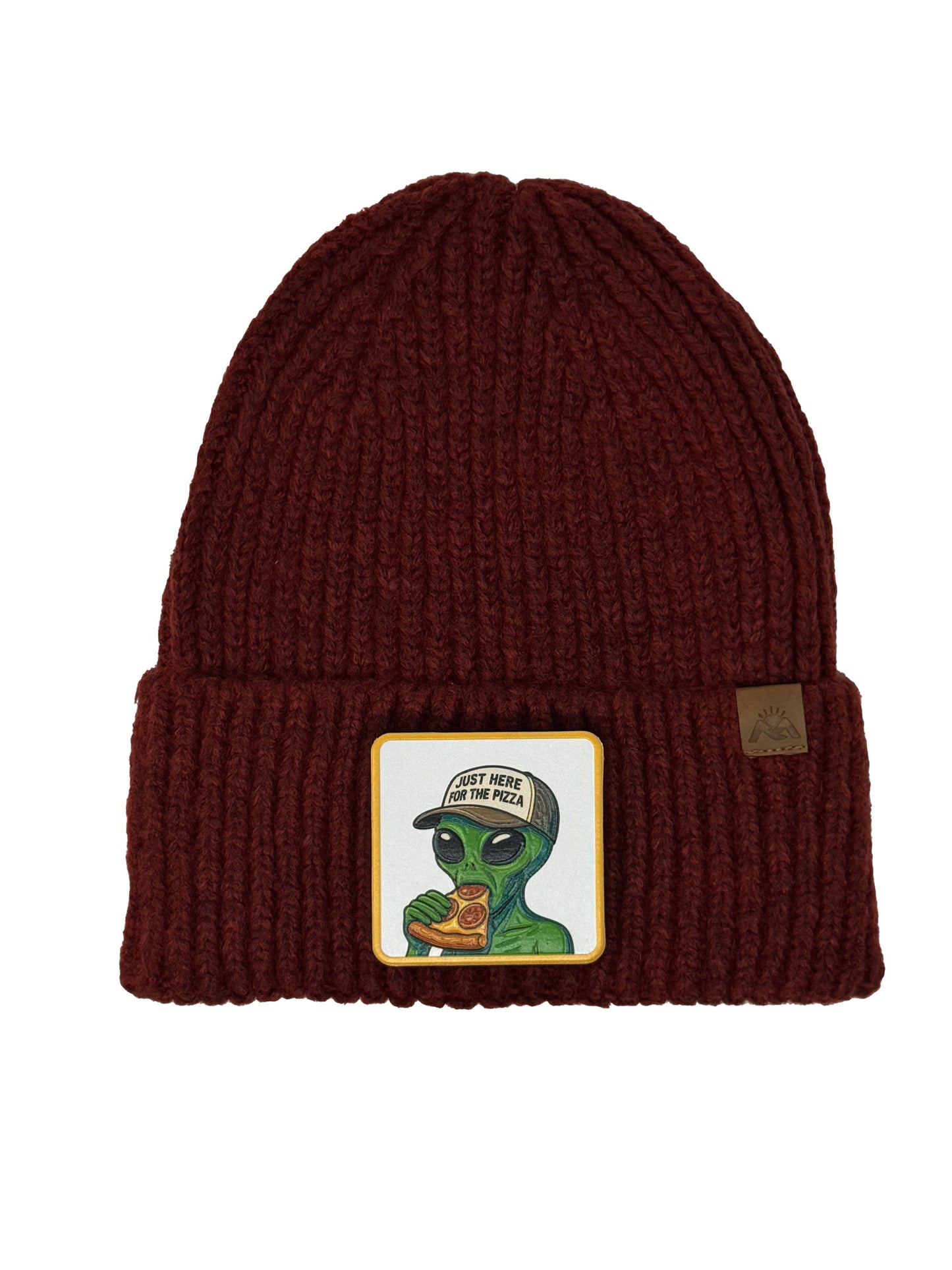Here for the Pizza | Embossed Removable Patch Beanie - Wool Blend, Soft, Warm, One Size Fits Most