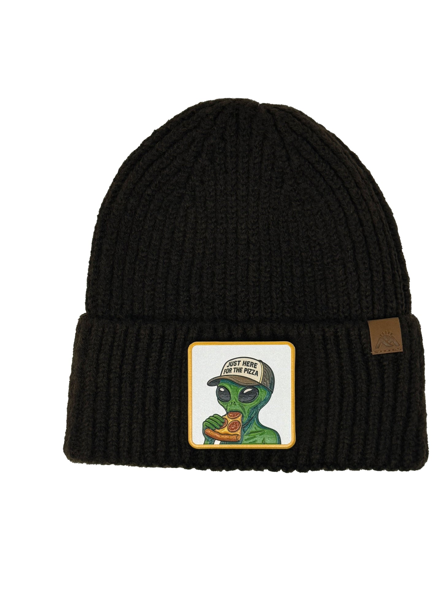 Here for the Pizza | Embossed Removable Patch Beanie - Wool Blend, Soft, Warm, One Size Fits Most