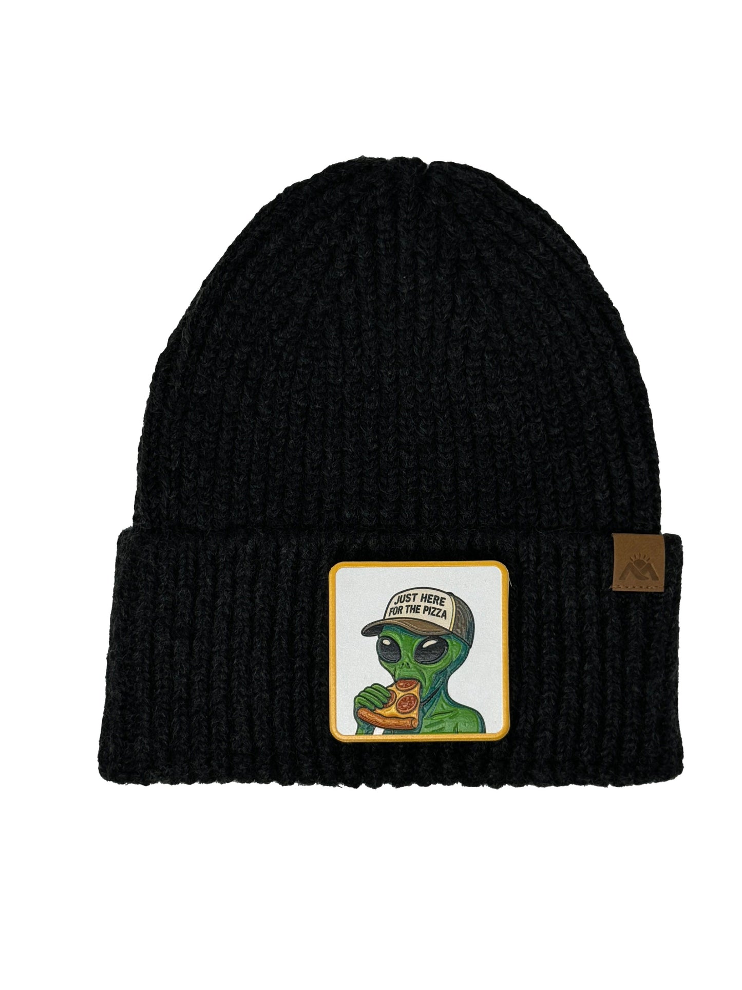 Here for the Pizza | Embossed Removable Patch Beanie - Wool Blend, Soft, Warm, One Size Fits Most