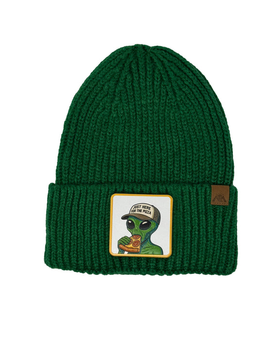 Here for the Pizza | Embossed Removable Patch Beanie - Wool Blend, Soft, Warm, One Size Fits Most