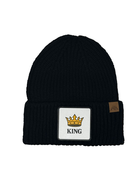 King | Embossed Removable Crown Patch Beanie - Wool Blend, Soft, Warm, One Size Fits Most