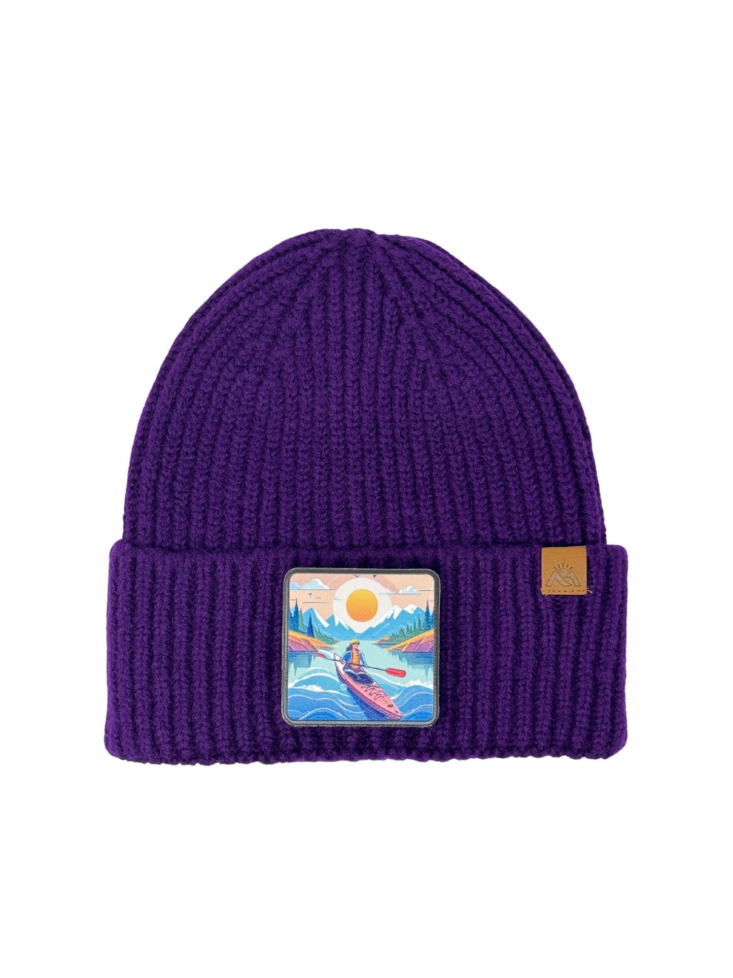 Sunset Kayak | Embossed Removable Adventure Patch Beanie - Wool Blend, Soft, Warm, One Size Fits Most