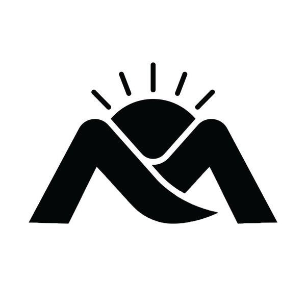 Black logo of a stylized letter 'M' with sun rays on a white background