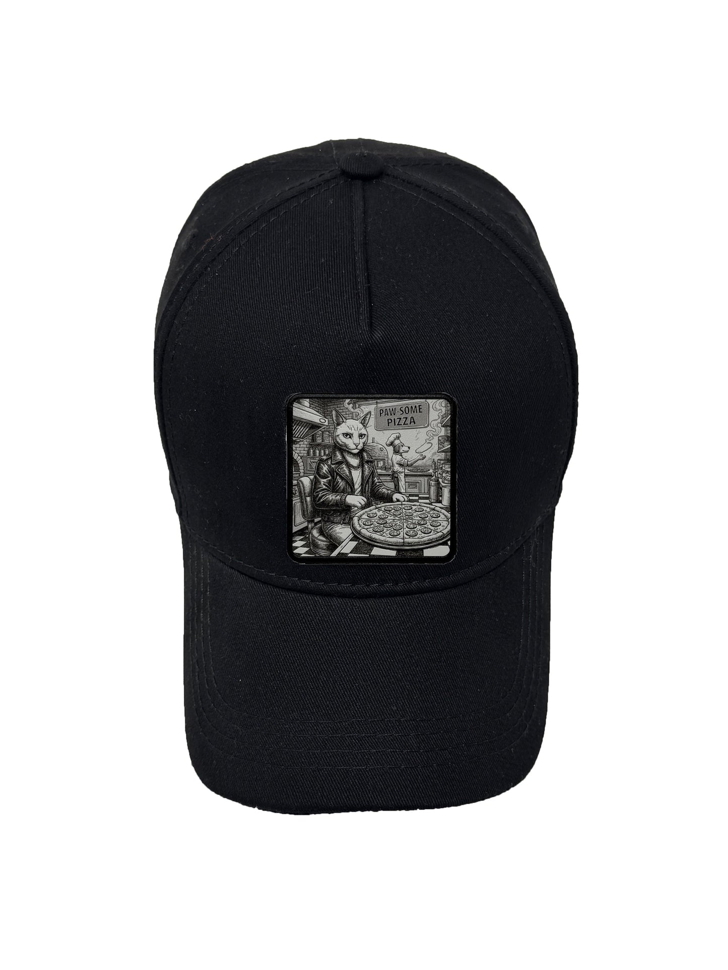Paw-some Pizza | Embossed Removable Patch 5 Panel Baseball Hat – %100 Cotton, Adjustable Strapback, Curved Bill , One Size Fits Most
