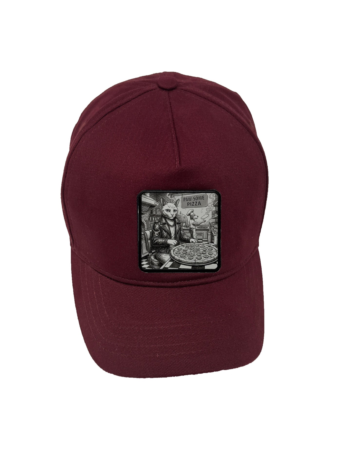 Paw-some Pizza | Embossed Removable Patch 5 Panel Baseball Hat – %100 Cotton, Adjustable Strapback, Curved Bill , One Size Fits Most