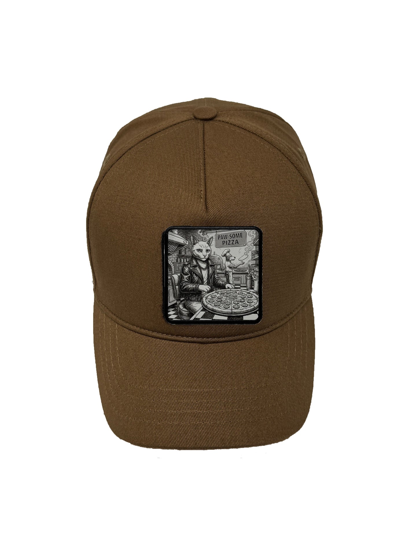 Paw-some Pizza | Embossed Removable Patch 5 Panel Baseball Hat – %100 Cotton, Adjustable Strapback, Curved Bill , One Size Fits Most