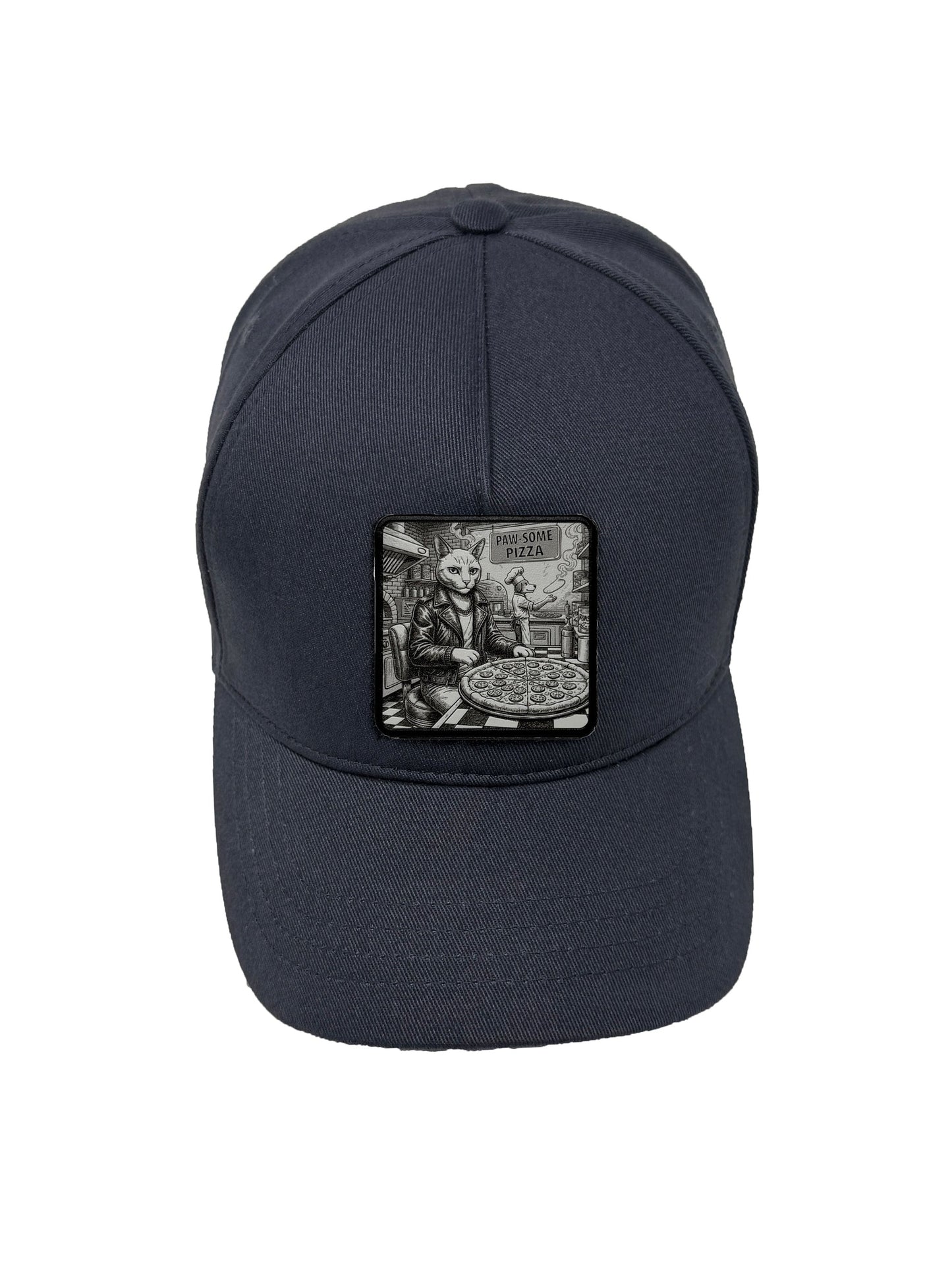 Paw-some Pizza | Embossed Removable Patch 5 Panel Baseball Hat – %100 Cotton, Adjustable Strapback, Curved Bill , One Size Fits Most