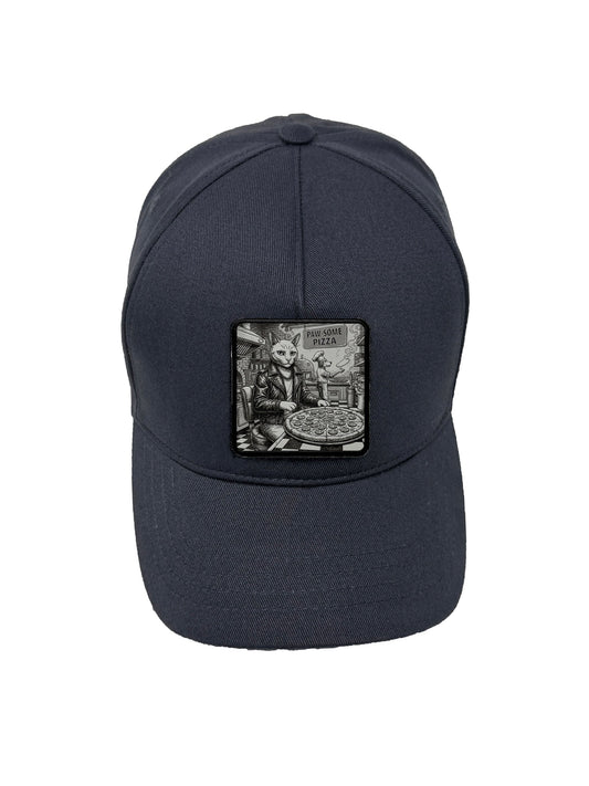 Paw-some Pizza | Embossed Removable Patch 5 Panel Baseball Hat – %100 Cotton, Adjustable Strapback, Curved Bill , One Size Fits Most