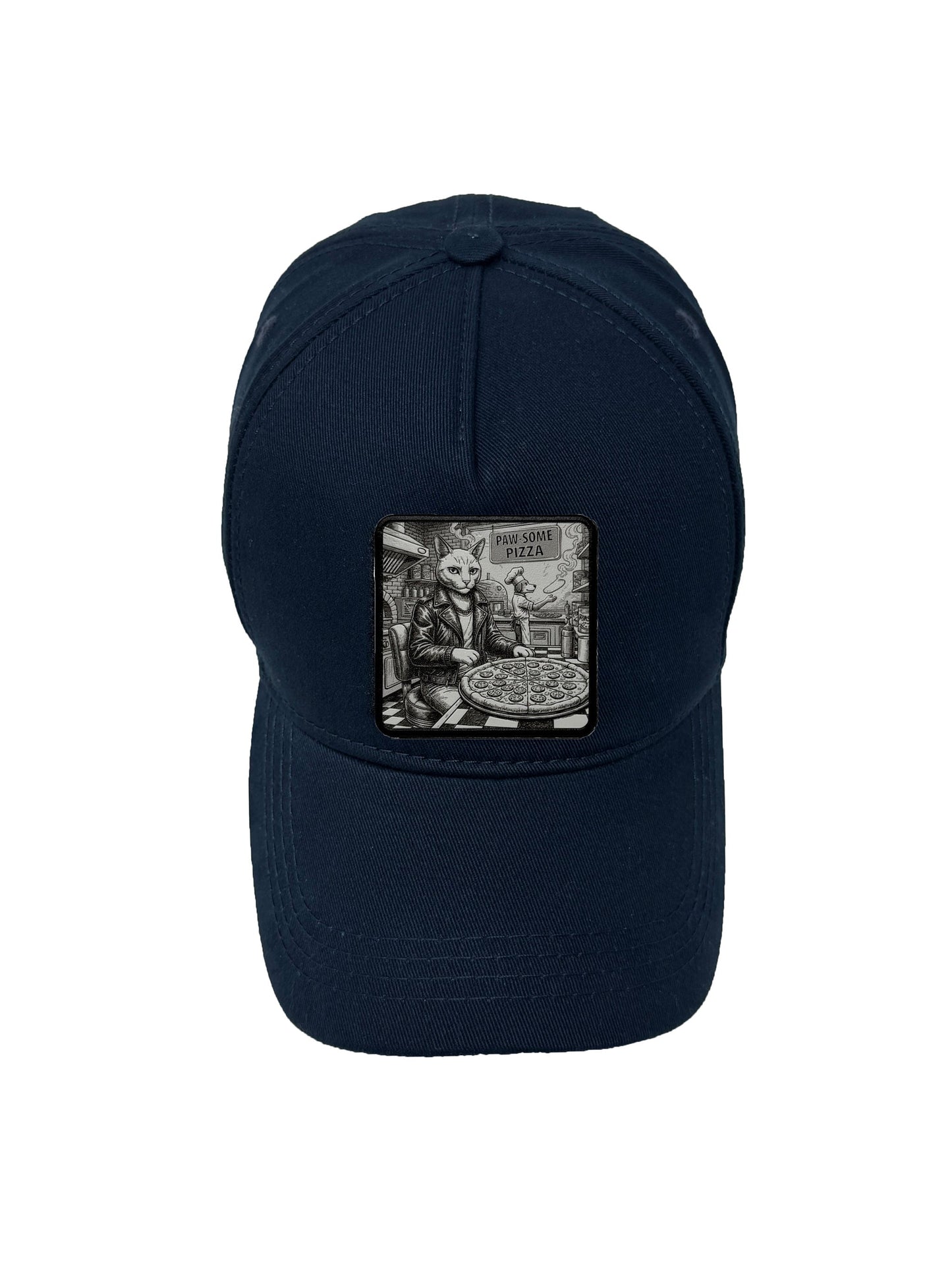 Paw-some Pizza | Embossed Removable Patch 5 Panel Baseball Hat – %100 Cotton, Adjustable Strapback, Curved Bill , One Size Fits Most