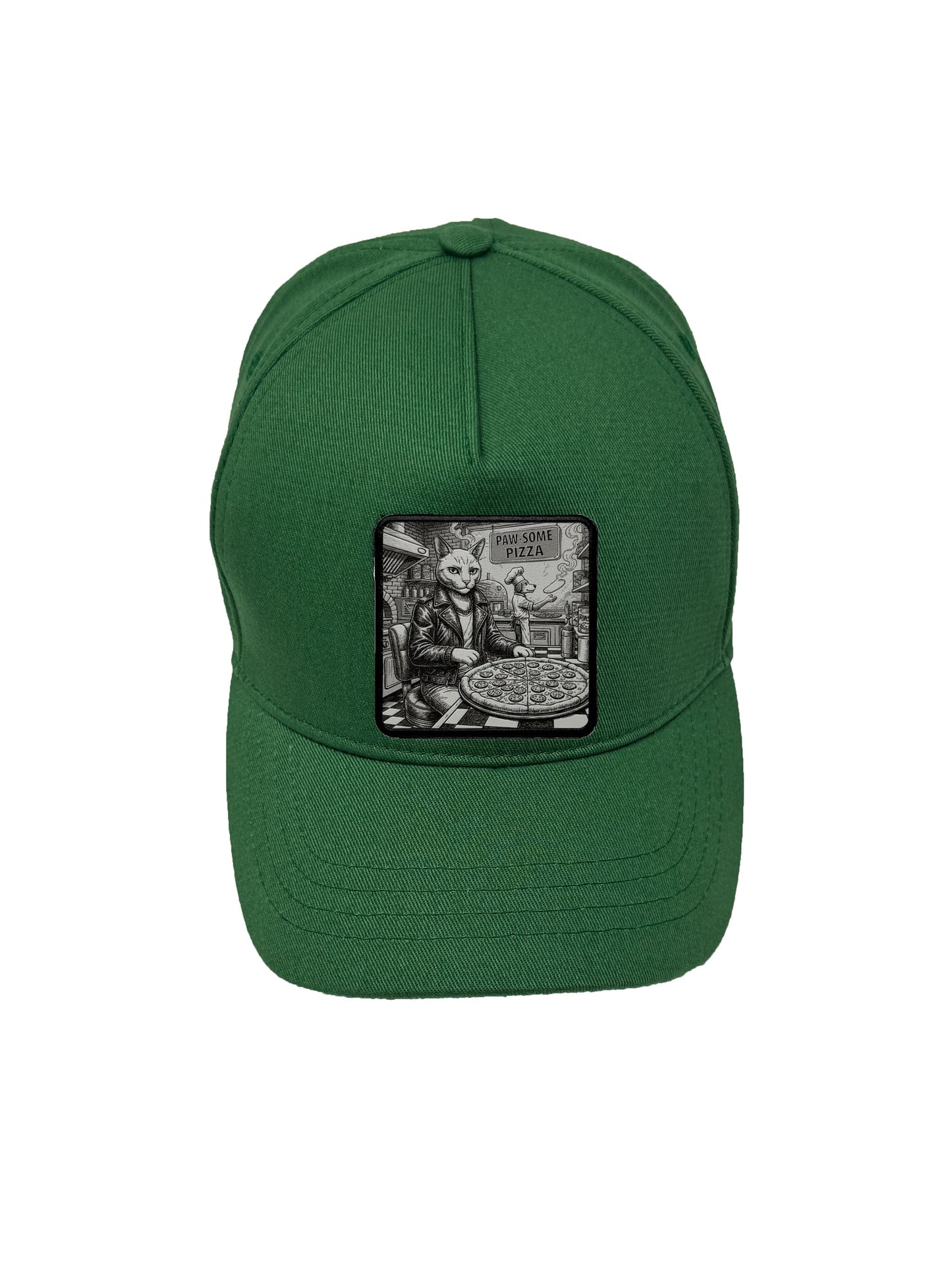 Paw-some Pizza | Embossed Removable Patch 5 Panel Baseball Hat – %100 Cotton, Adjustable Strapback, Curved Bill , One Size Fits Most