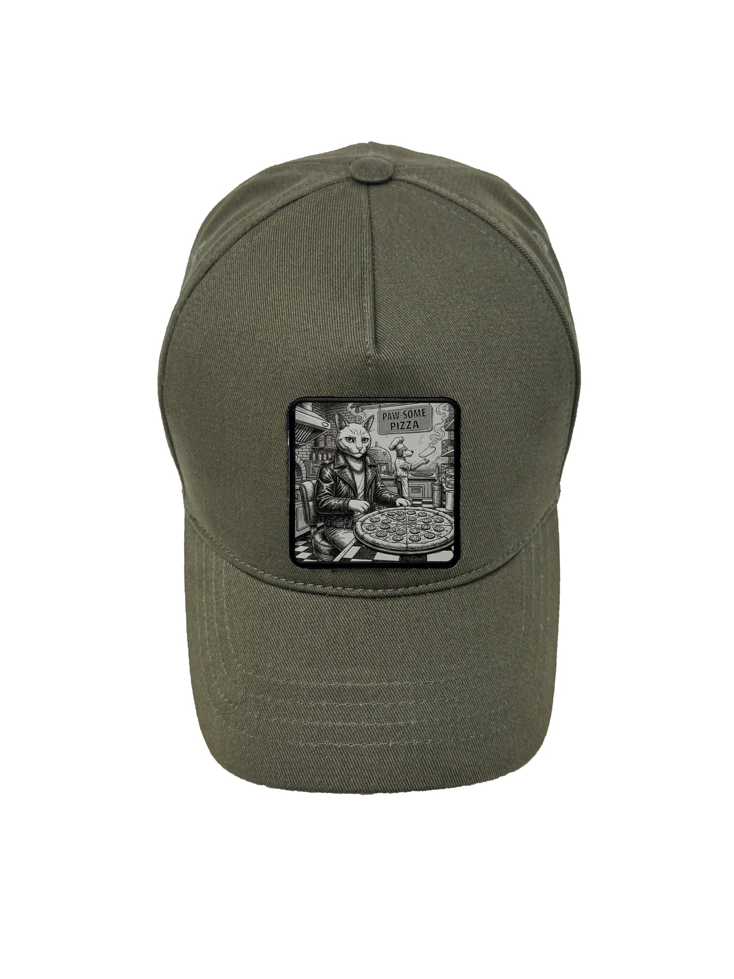 Paw-some Pizza | Embossed Removable Patch 5 Panel Baseball Hat – %100 Cotton, Adjustable Strapback, Curved Bill , One Size Fits Most