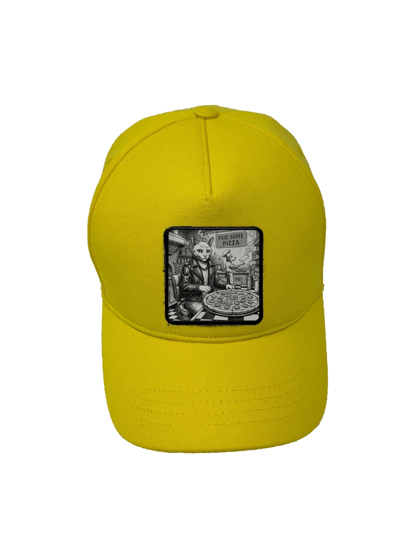 Paw-some Pizza | Embossed Removable Patch 5 Panel Baseball Hat – %100 Cotton, Adjustable Strapback, Curved Bill , One Size Fits Most