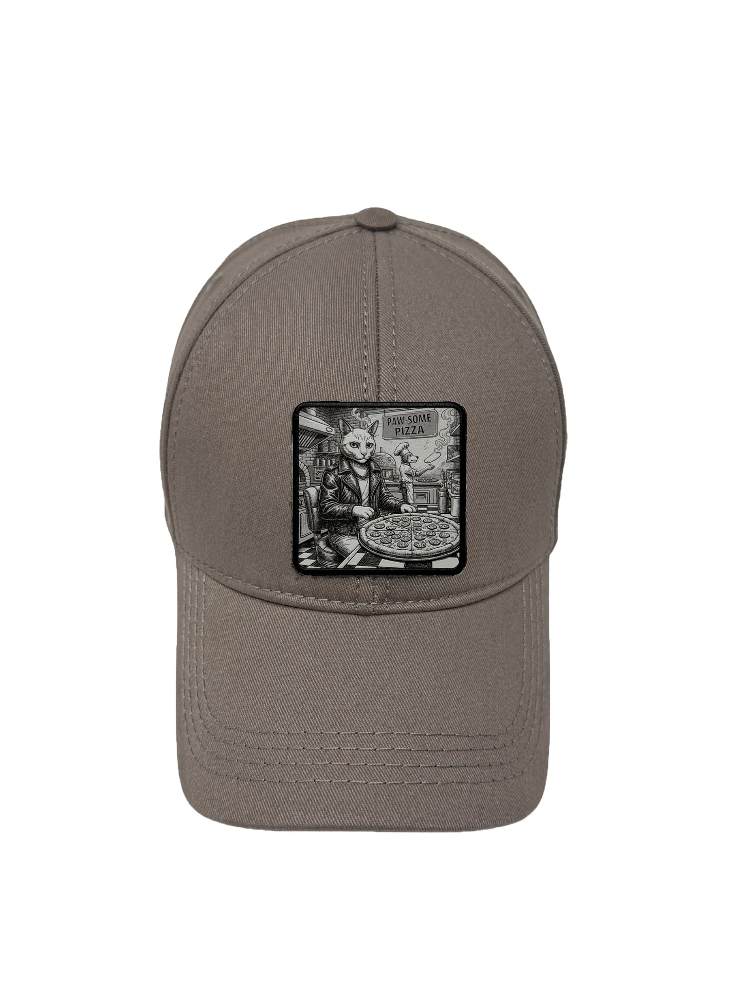 Paw-some Pizza | Embossed Removable Patch 6 Panel Baseball Hat – %100 Cotton, Adjustable Strapback, Curved Bill , One Size Fits Most
