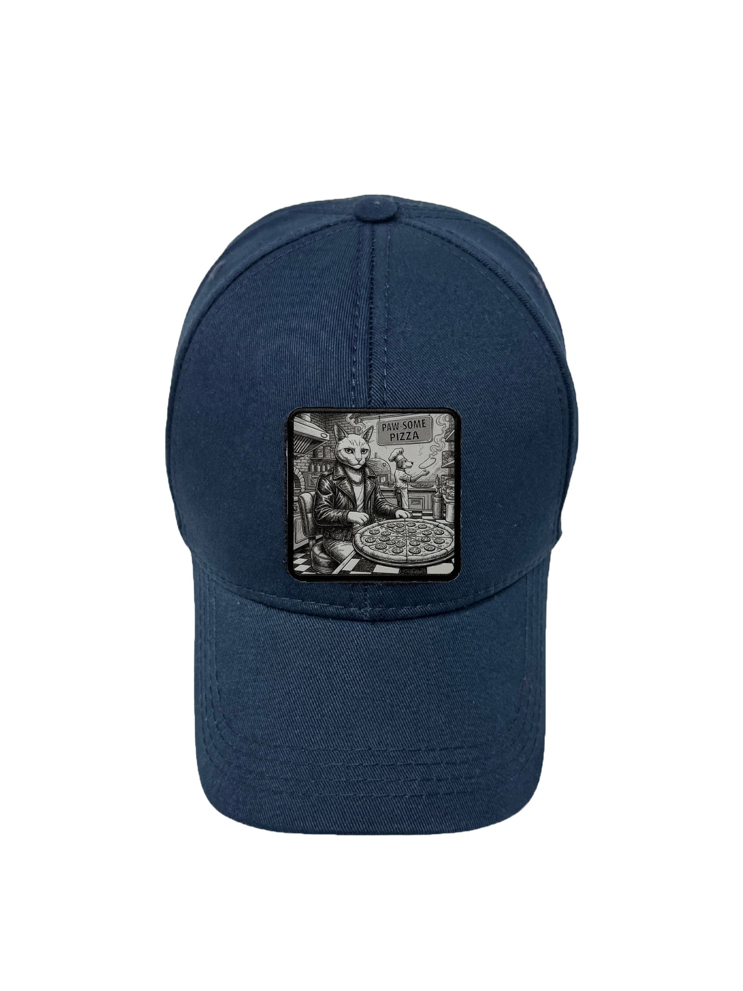 Paw-some Pizza | Embossed Removable Patch 6 Panel Baseball Hat – %100 Cotton, Adjustable Strapback, Curved Bill , One Size Fits Most