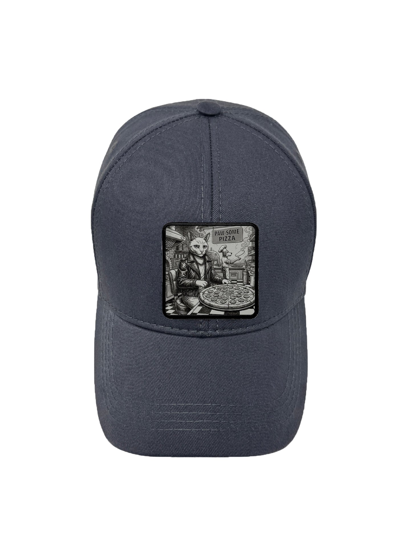 Paw-some Pizza | Embossed Removable Patch 6 Panel Baseball Hat – %100 Cotton, Adjustable Strapback, Curved Bill , One Size Fits Most