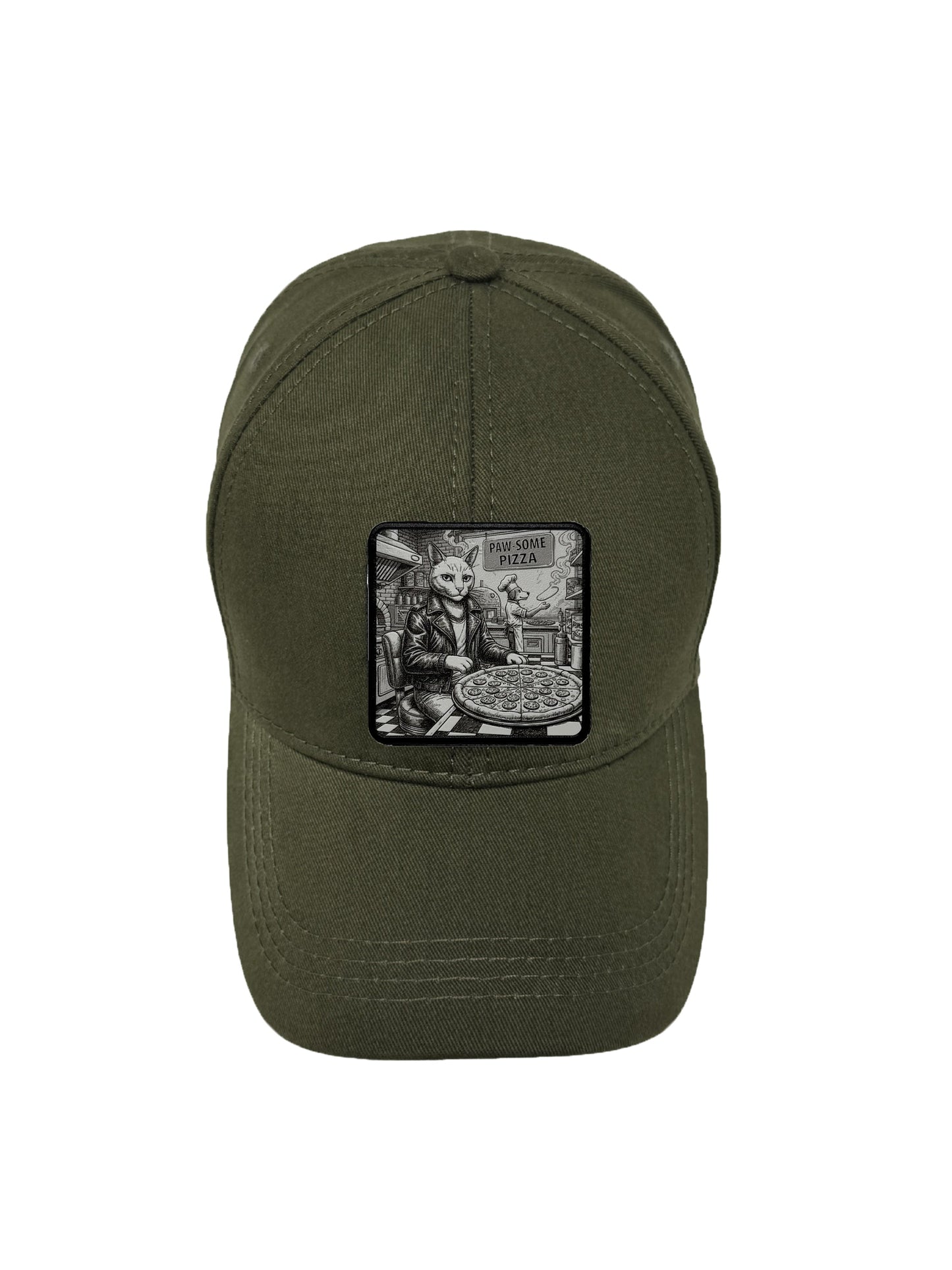 Paw-some Pizza | Embossed Removable Patch 6 Panel Baseball Hat – %100 Cotton, Adjustable Strapback, Curved Bill , One Size Fits Most