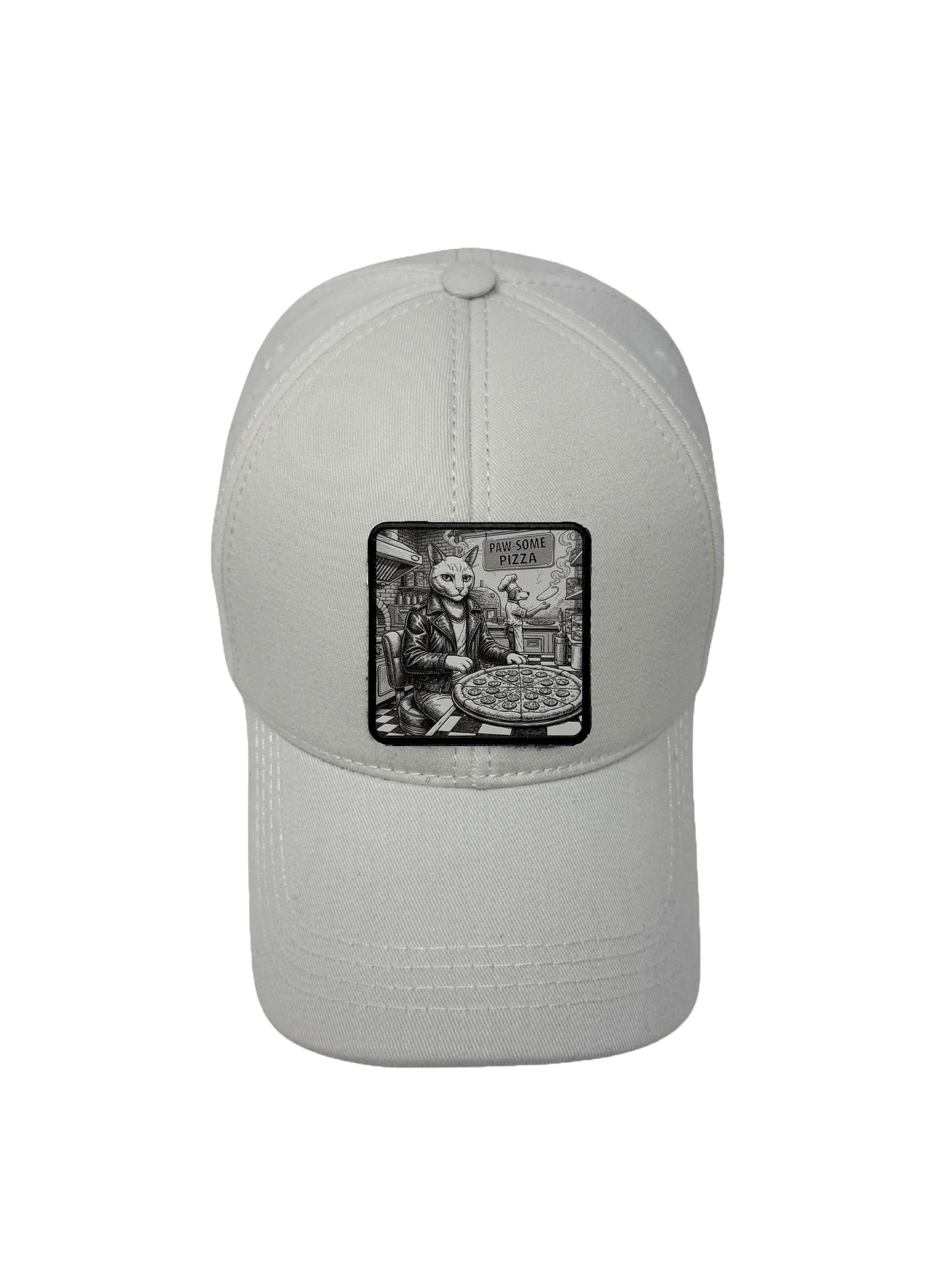 Paw-some Pizza | Embossed Removable Patch 6 Panel Baseball Hat – %100 Cotton, Adjustable Strapback, Curved Bill , One Size Fits Most