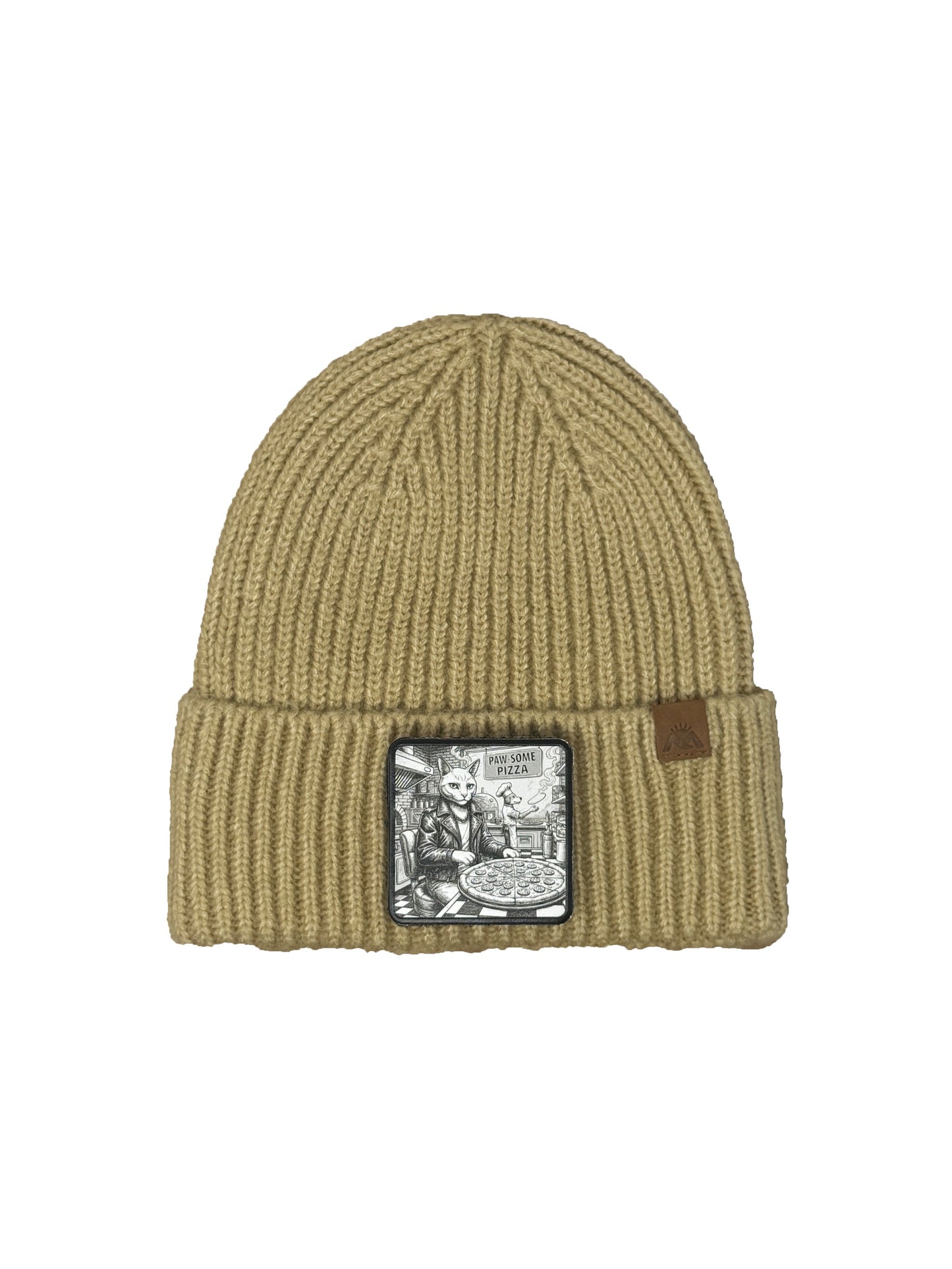 Paw-some Pizza | Embossed Removable Patch Beanie - Wool Blend, Soft, Warm, One Size Fits Most