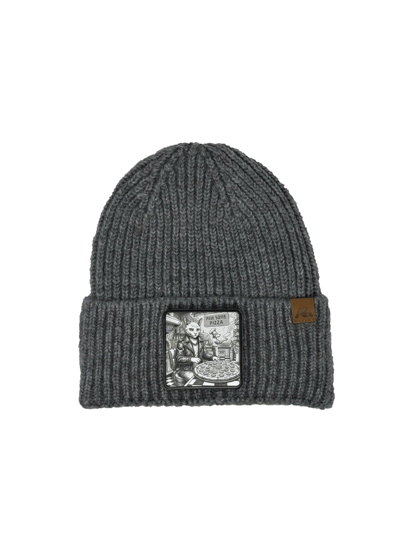 Paw-some Pizza | Embossed Removable Patch Beanie - Wool Blend, Soft, Warm, One Size Fits Most