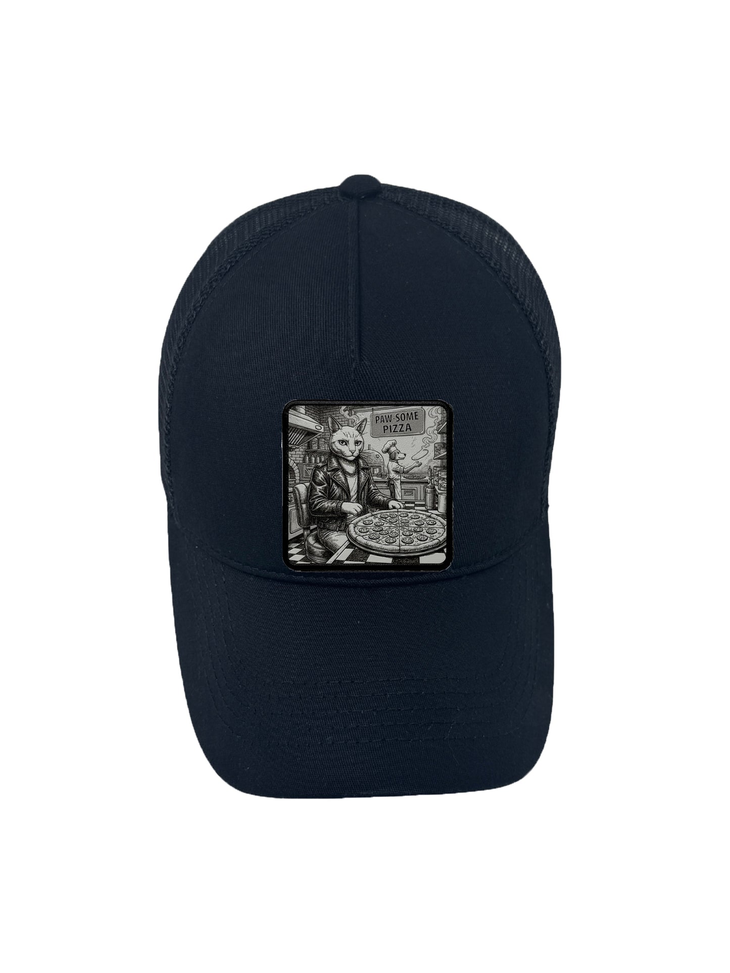 Paw-some Pizza | Embossed Removable Patch Trucker Hat – Adjustable Snapback, Breathable Mesh, One Size Fits Most