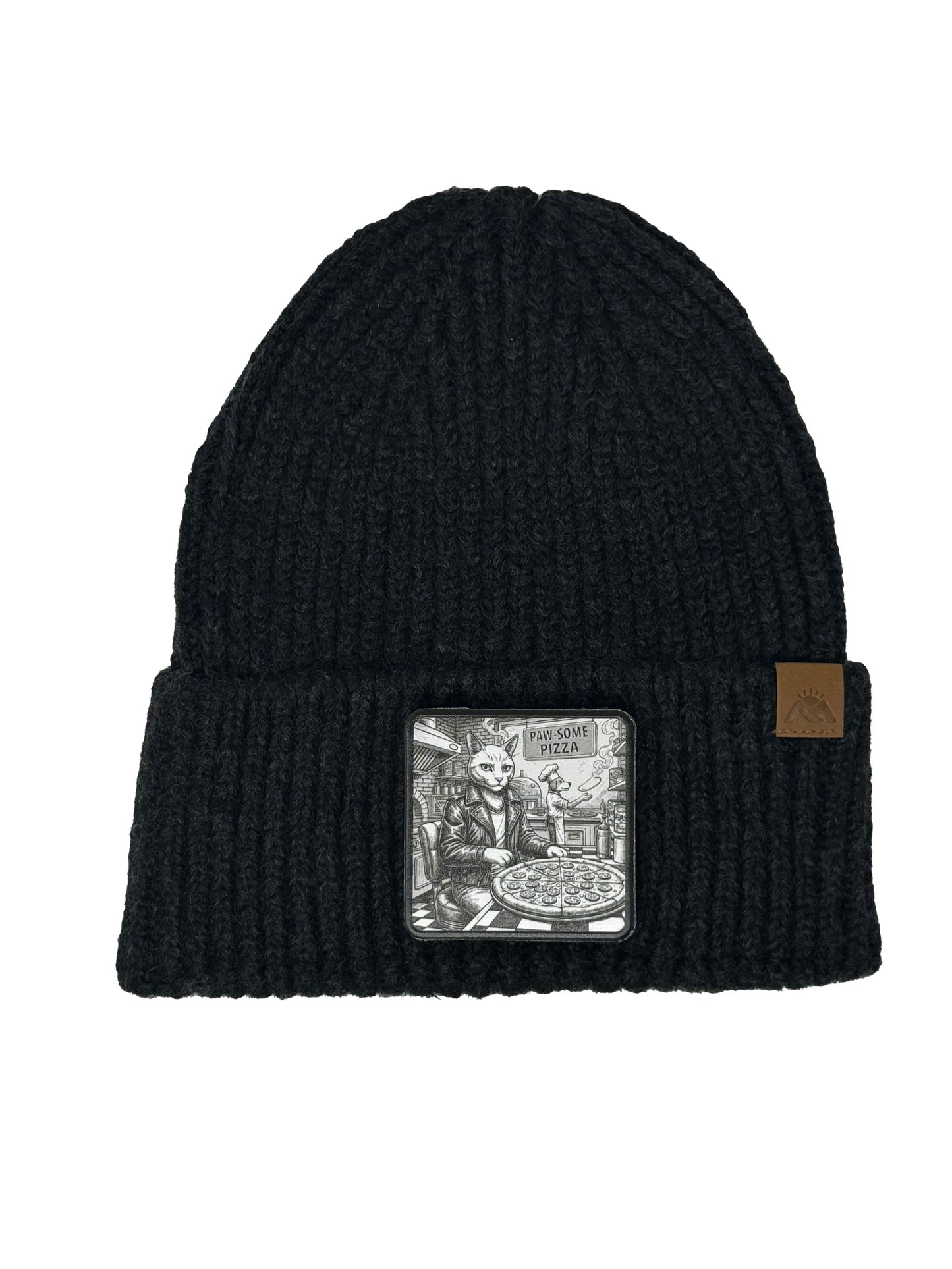 Paw-some Pizza | Embossed Removable Patch Beanie - Wool Blend, Soft, Warm, One Size Fits Most