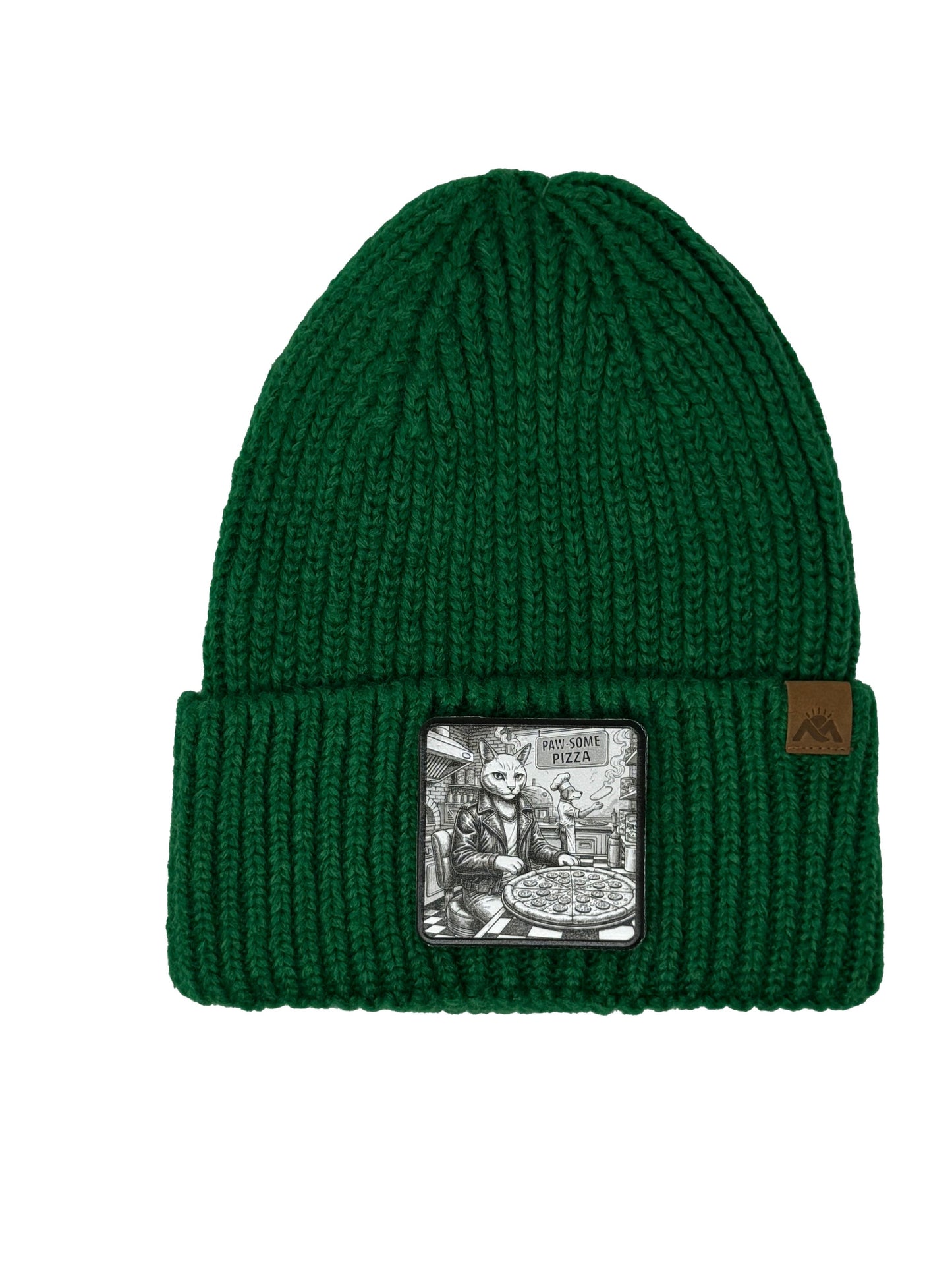 Paw-some Pizza | Embossed Removable Patch Beanie - Wool Blend, Soft, Warm, One Size Fits Most
