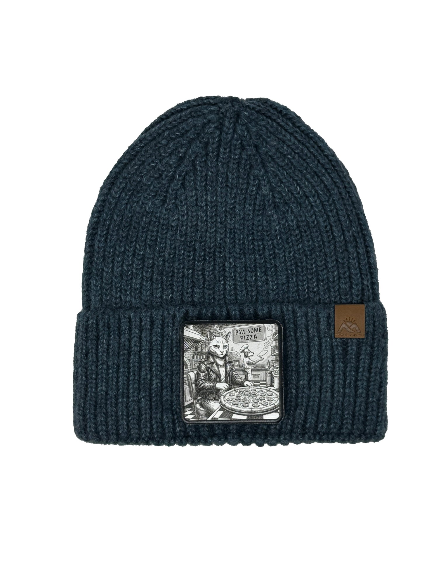 Paw-some Pizza | Embossed Removable Patch Beanie - Wool Blend, Soft, Warm, One Size Fits Most