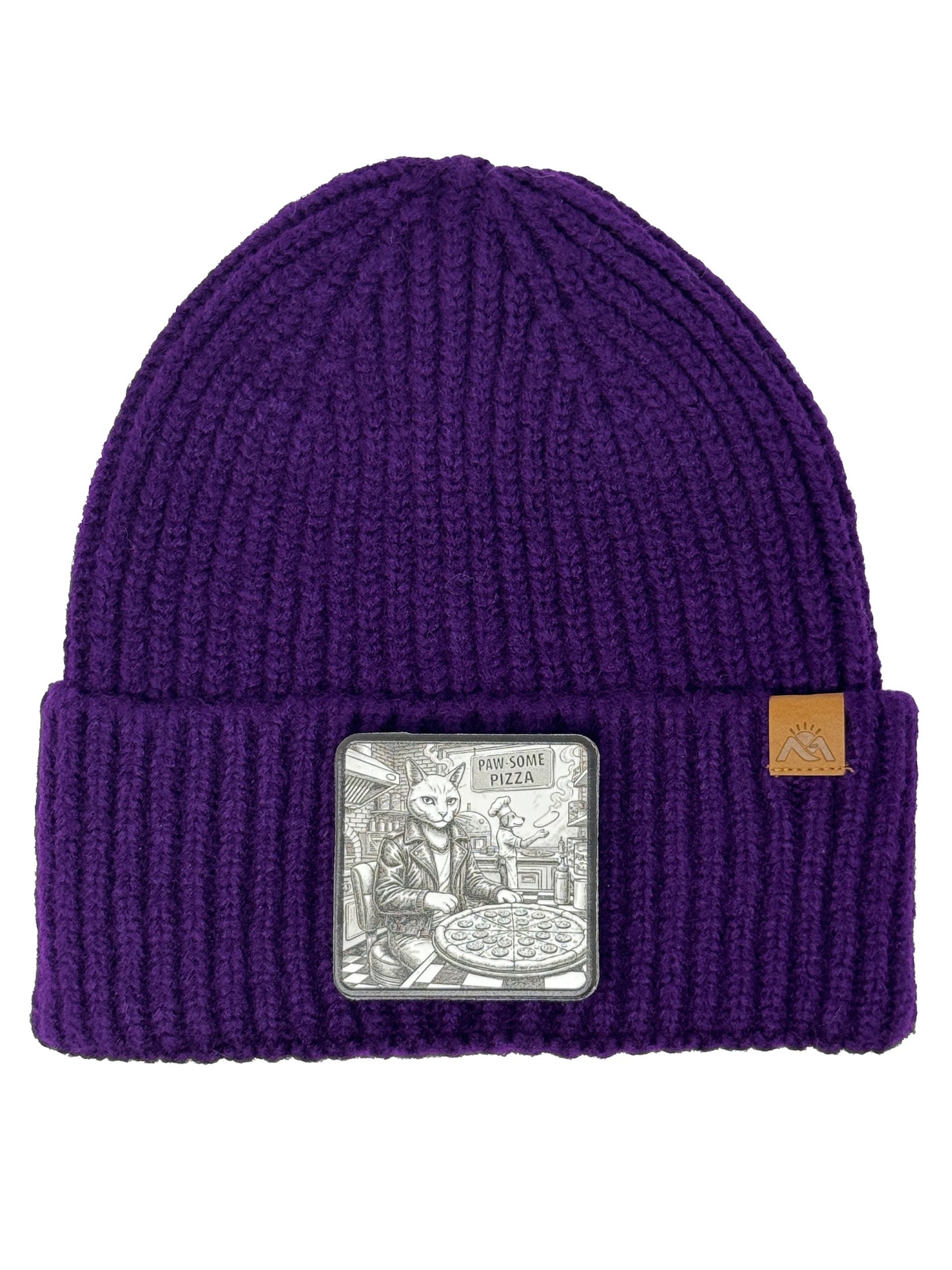 Paw-some Pizza | Embossed Removable Patch Beanie - Wool Blend, Soft, Warm, One Size Fits Most