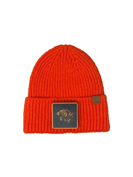 Roaring Tiger | Embossed Removable Patch Beanie - Wool Blend, Soft, Warm, One Size Fits All